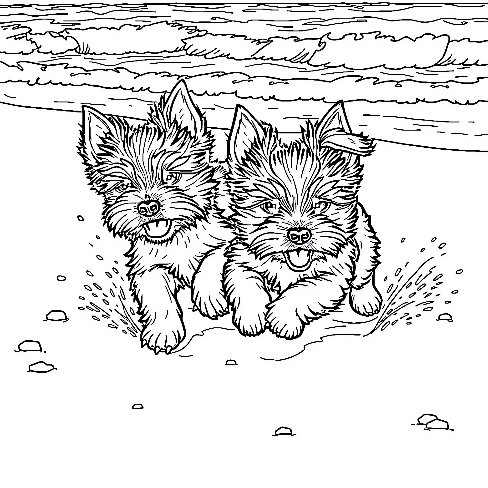 Yorkies playing joyfully on the beach Coloring Page (free black-and-white line drawing printable PDF for all, from beginners to advanced learners, including children, teens, adults, and seniors)