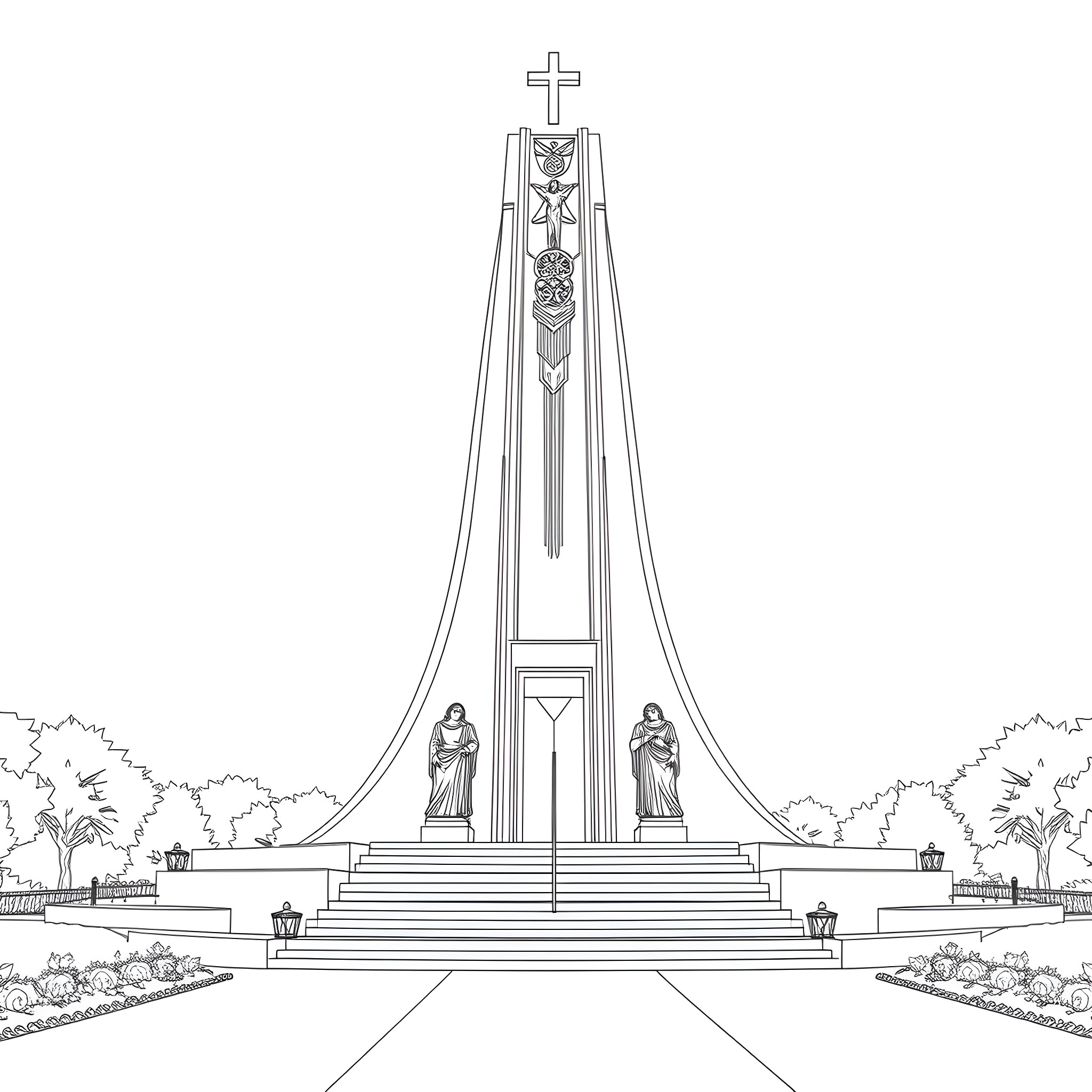 National Women's Memorial with Ornate Architectural Elements Coloring Page (free black-and-white line drawing printable PDF for all, from beginners to advanced learners, including children, teens, adults, and seniors)