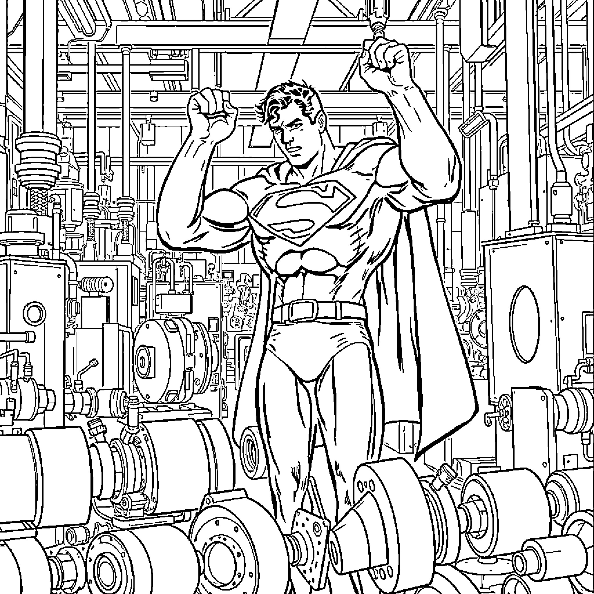 Superman in heroic pose amidst futuristic machinery Coloring Page (free black-and-white line drawing printable PDF for all, from beginners to advanced learners, including children, teens, adults, and seniors)