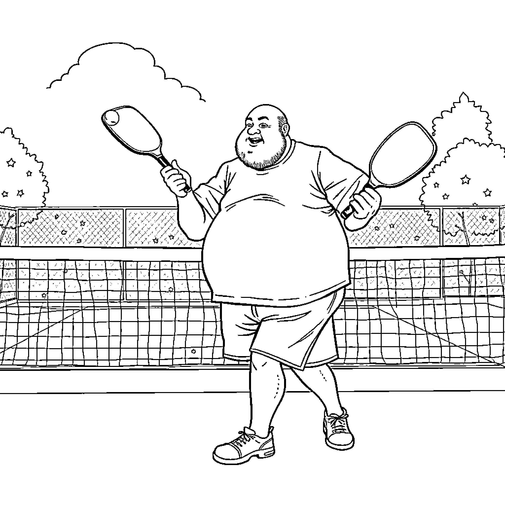 Man happily playing badminton on tennis court Coloring Page (free black-and-white line drawing printable PDF for all, from beginners to advanced learners, including children, teens, adults, and seniors)