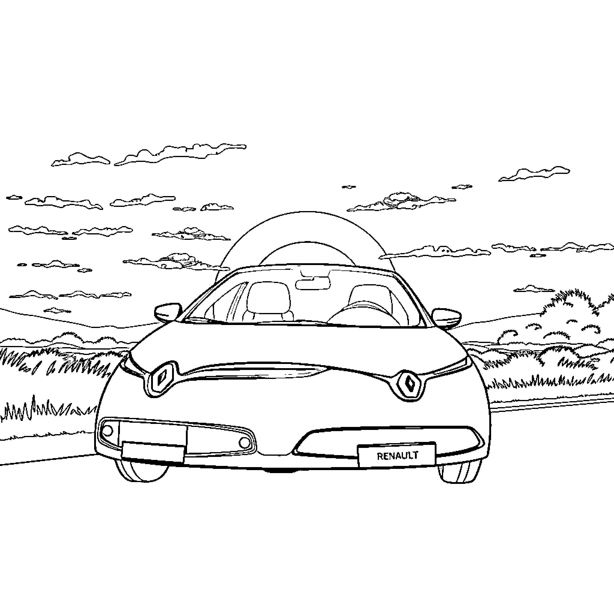 Renault Zoe driving through a scenic landscape Coloring Page (free black-and-white line drawing printable PDF for all, from beginners to advanced learners, including children, teens, adults, and seniors)