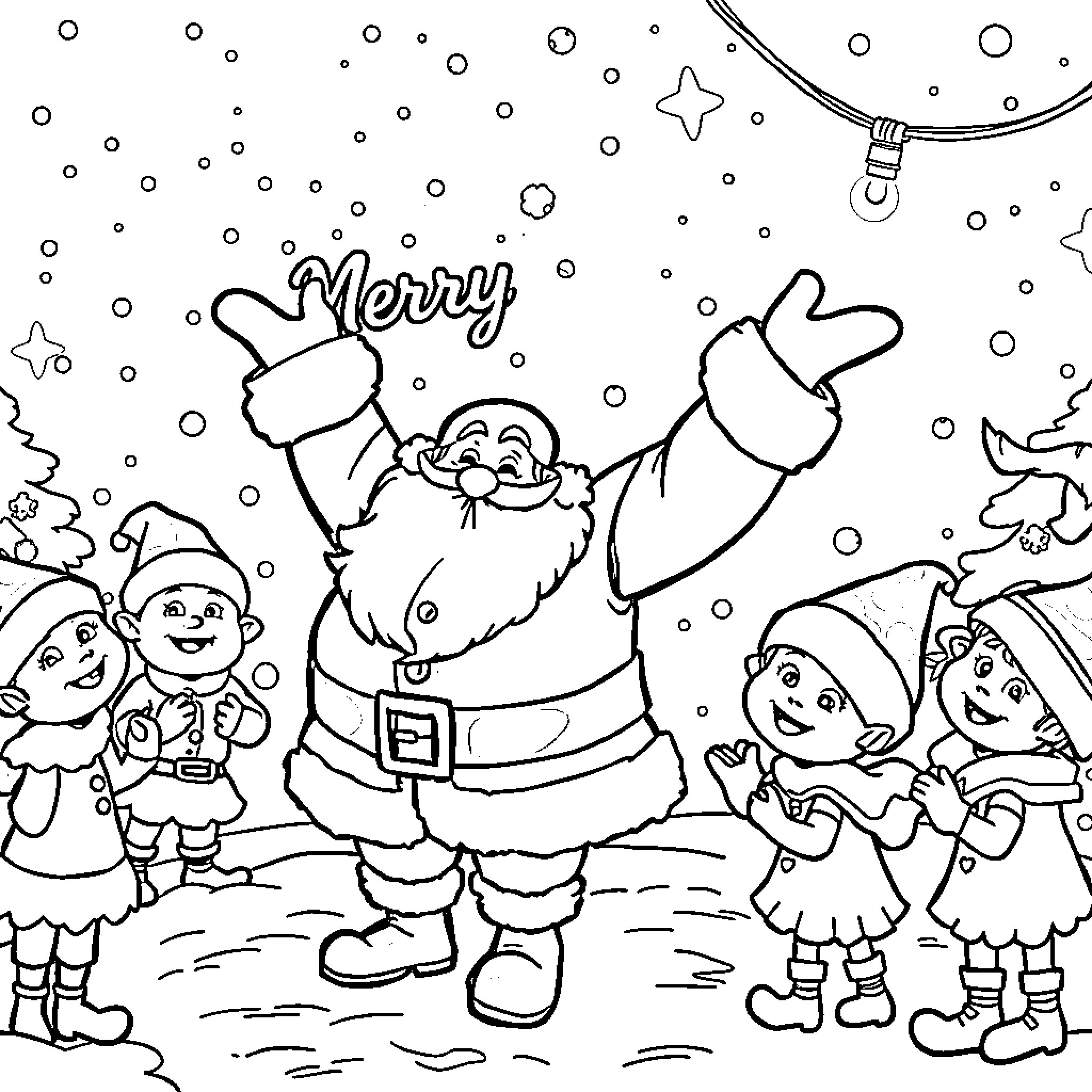 Santa and his cheerful elves celebrating the snowy holiday Coloring Page (free black-and-white line drawing printable PDF for all, from beginners to advanced learners, including children, teens, adults, and seniors)
