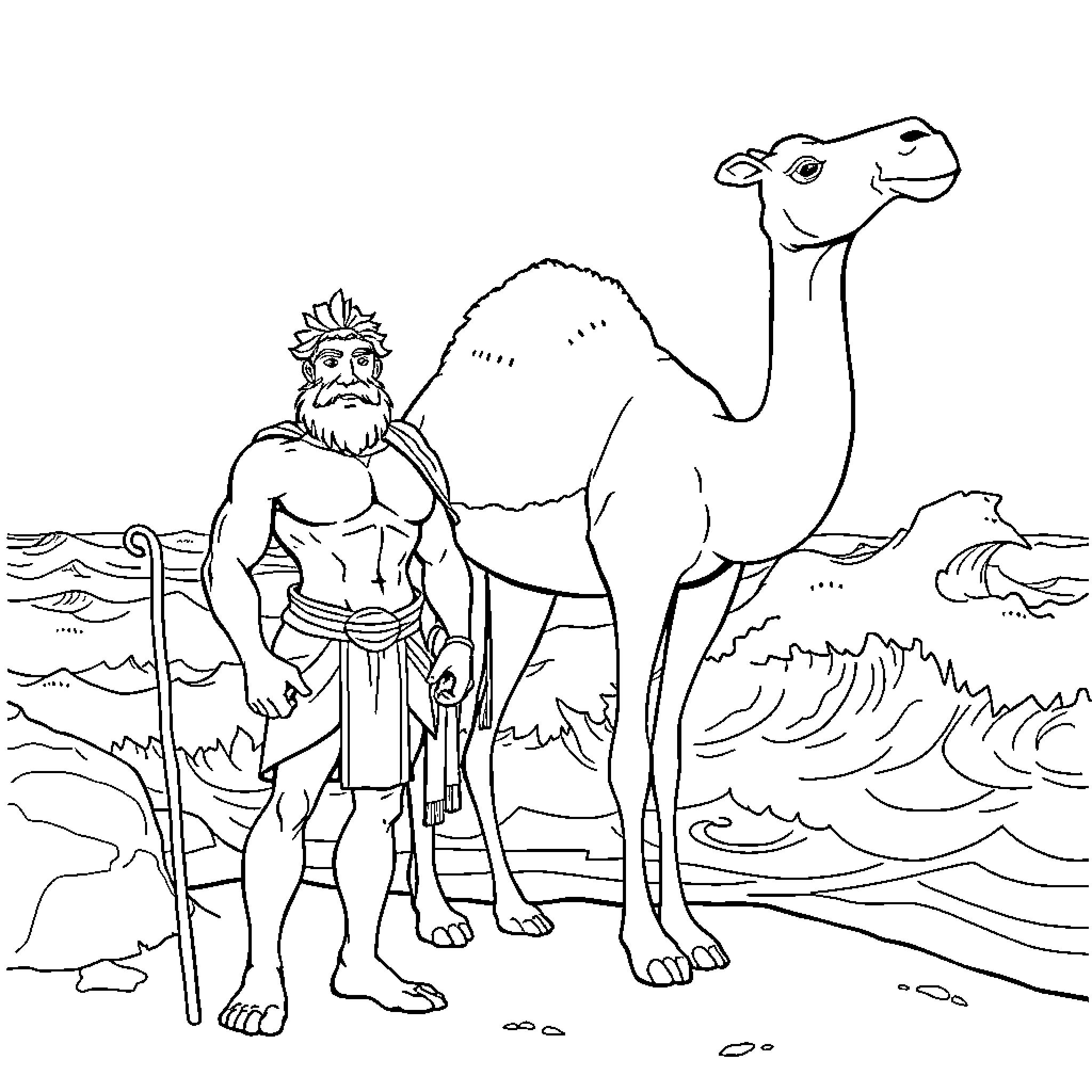 Hercules and the Camel in the Desert Coloring Page (free black-and-white line drawing printable PDF for all, from beginners to advanced learners, including children, teens, adults, and seniors)