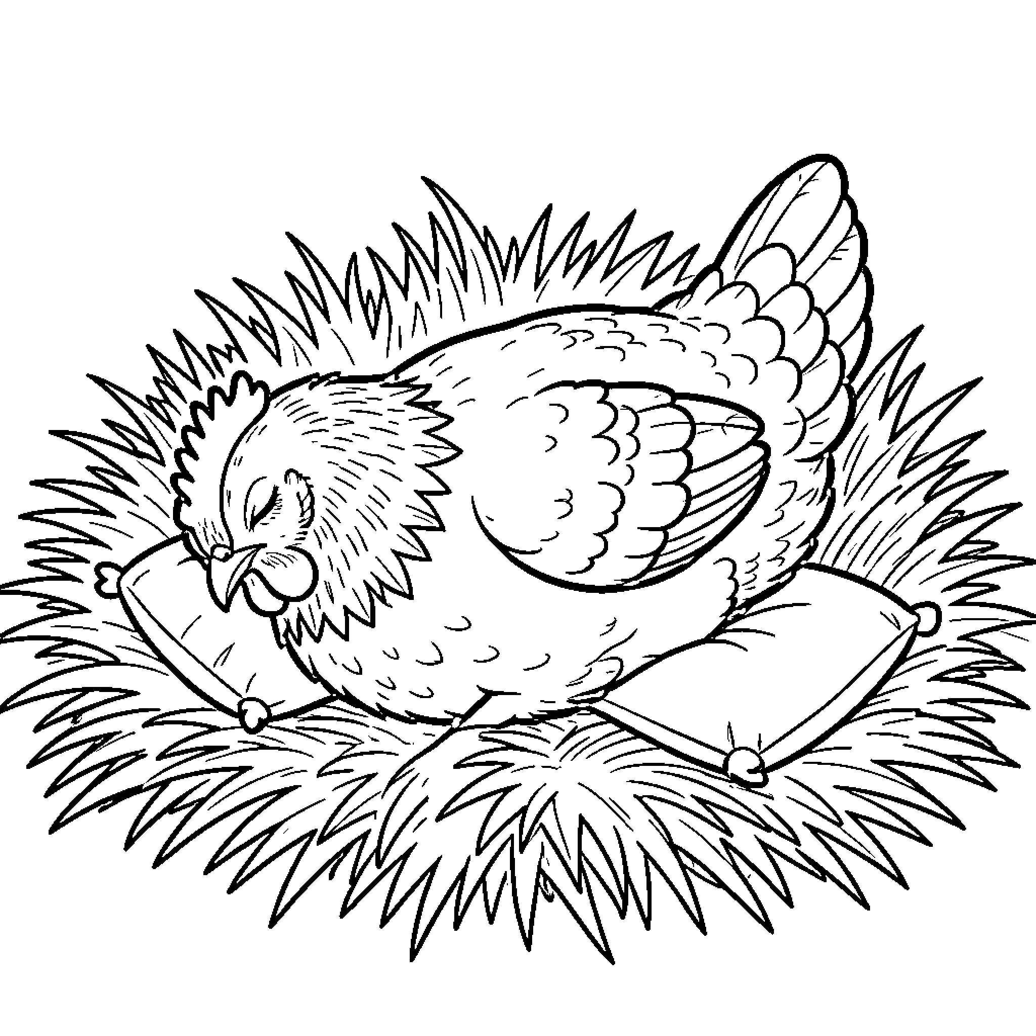 Chicken sleeping peacefully on pillows in a nest Coloring Page (free black-and-white line drawing printable PDF for all, from beginners to advanced learners, including children, teens, adults, and seniors)