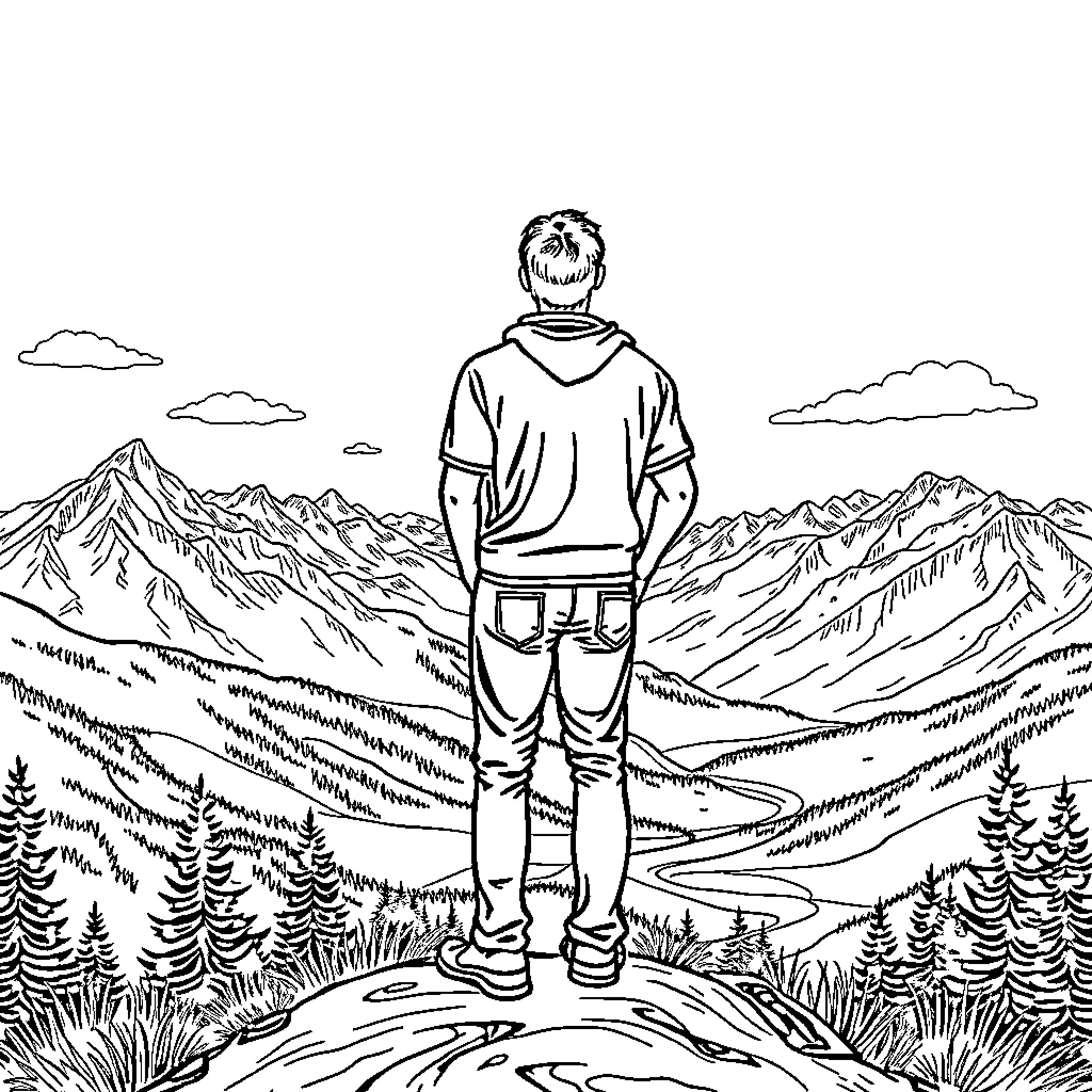 Man standing alone in mountain landscape Coloring Page (free black-and-white line drawing printable PDF for all, from beginners to advanced learners, including children, teens, adults, and seniors)
