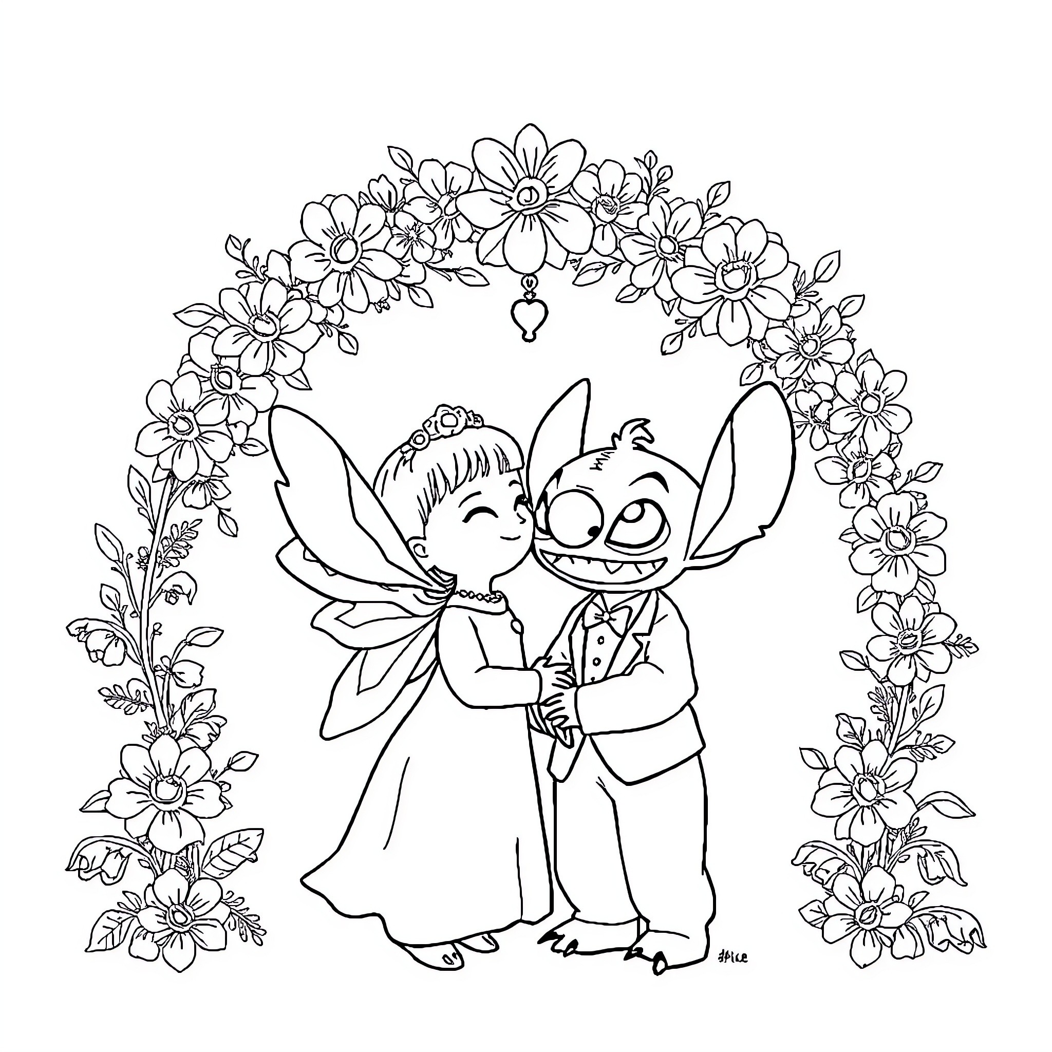 Angel Fairy and Alien Sharing a Heartfelt Embrace Coloring Page (free black-and-white line drawing printable PDF for all, from beginners to advanced learners, including children, teens, adults, and seniors)