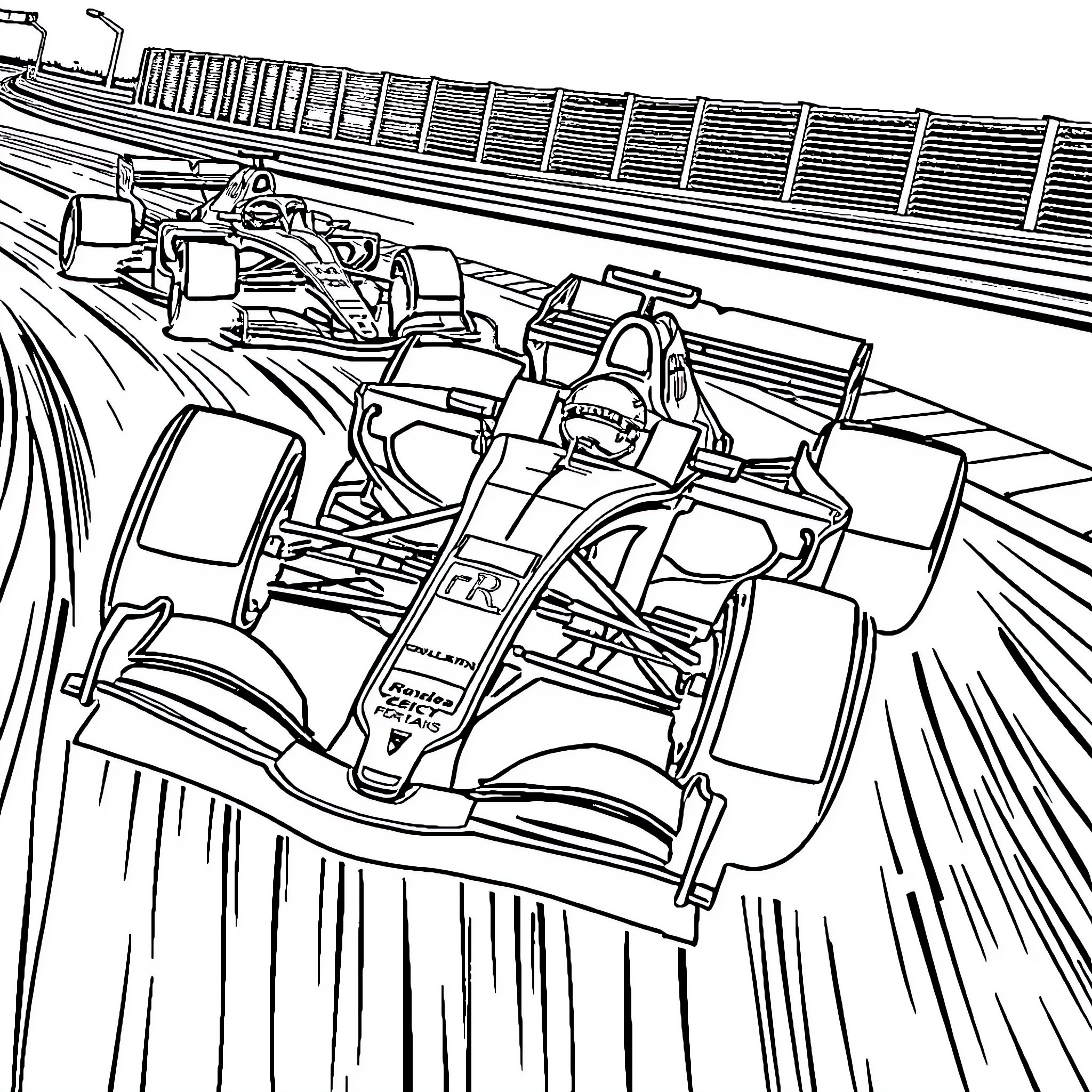 Formula 1 Racing Cars Speeding on Track Coloring Page (free black-and-white line drawing printable PDF for all, from beginners to advanced learners, including children, teens, adults, and seniors)