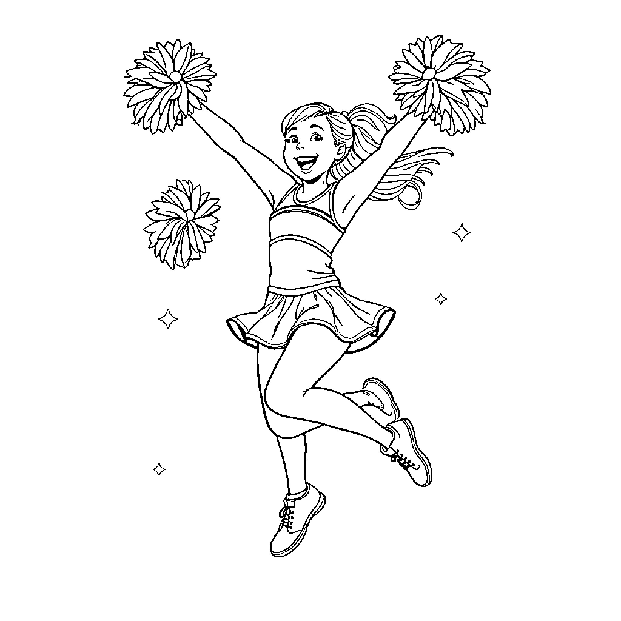 Cheerleader jumping with pom-poms in the air Coloring Page (free black-and-white line drawing printable PDF for all, from beginners to advanced learners, including children, teens, adults, and seniors)