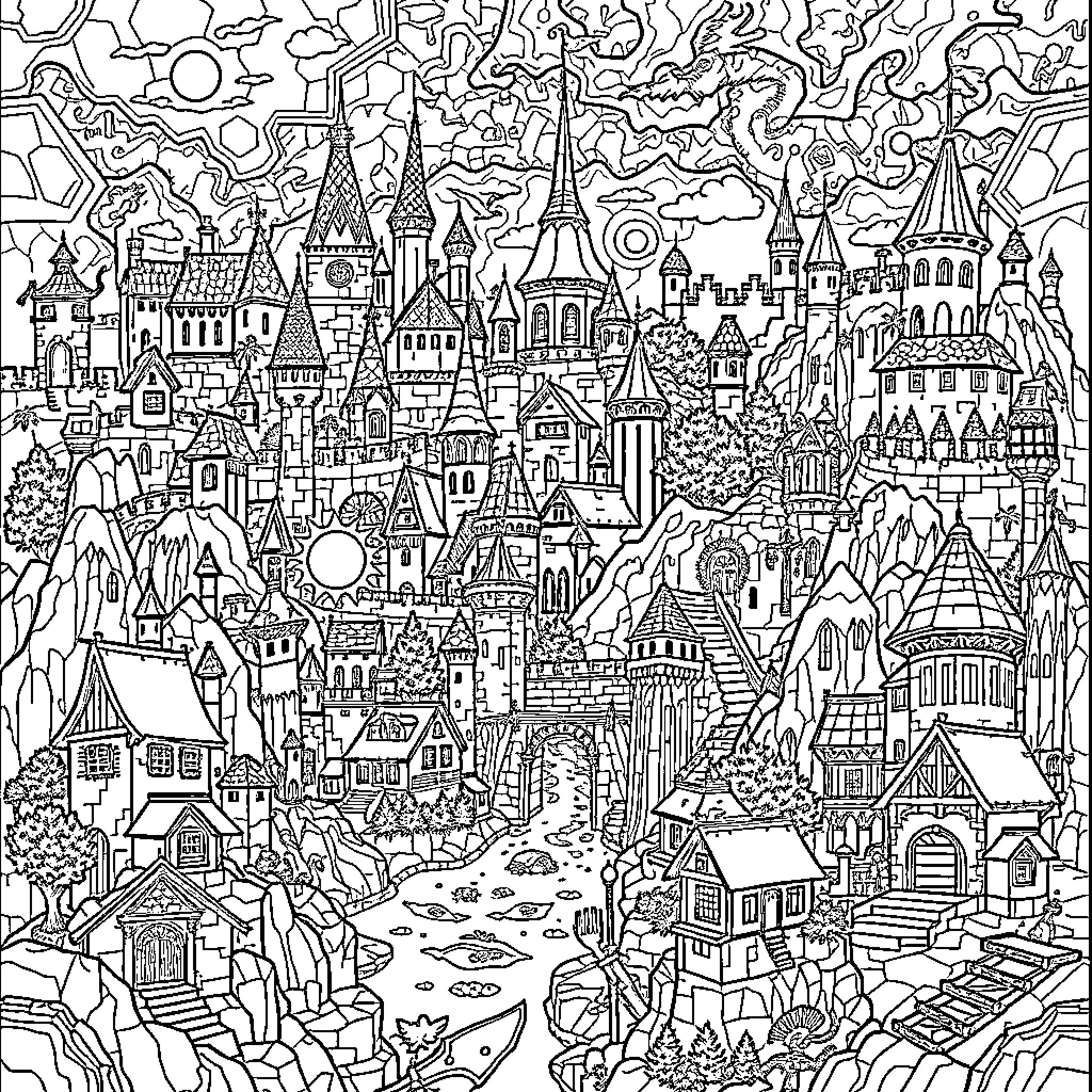 Dungeons and Dragons: A Fantastical Realm of Adventure and Imagination Coloring Page (free black-and-white line drawing printable PDF for all, from beginners to advanced learners, including children, teens, adults, and seniors)