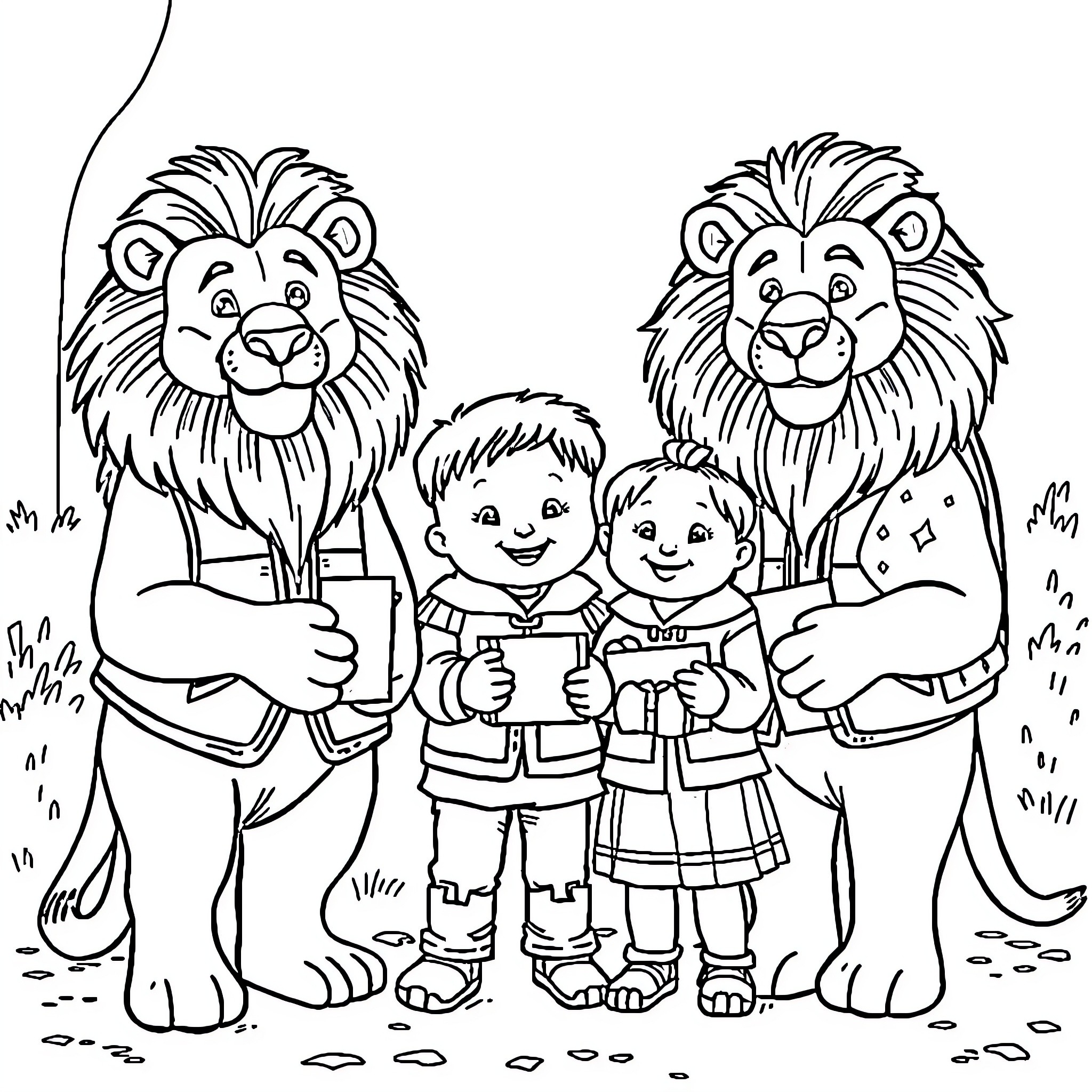 Lion friends with children in the wild Coloring Page (free black-and-white line drawing printable PDF for all, from beginners to advanced learners, including children, teens, adults, and seniors)