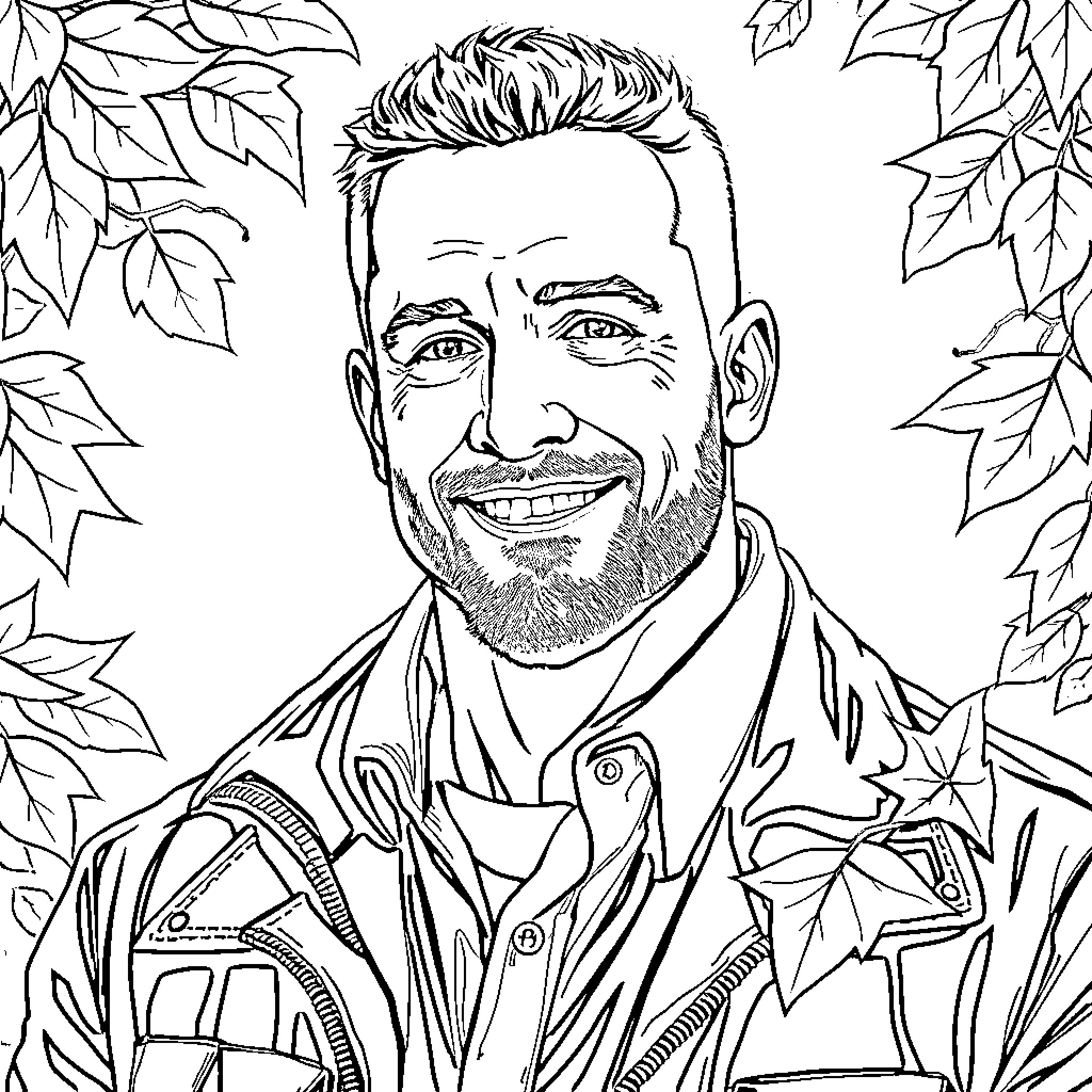 Brian O'Conner in relaxed attire amidst autumn foliage Coloring Page (free black-and-white line drawing printable PDF for all, from beginners to advanced learners, including children, teens, adults, and seniors)