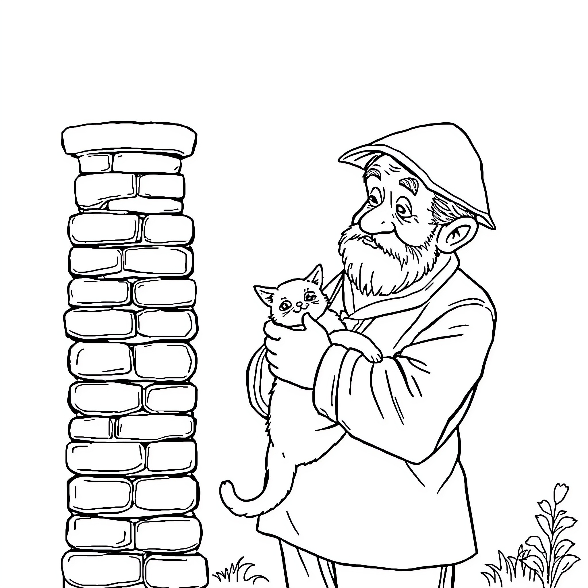 Man with cat by brick wall Coloring Page (free black-and-white line drawing printable PDF for all, from beginners to advanced learners, including children, teens, adults, and seniors)