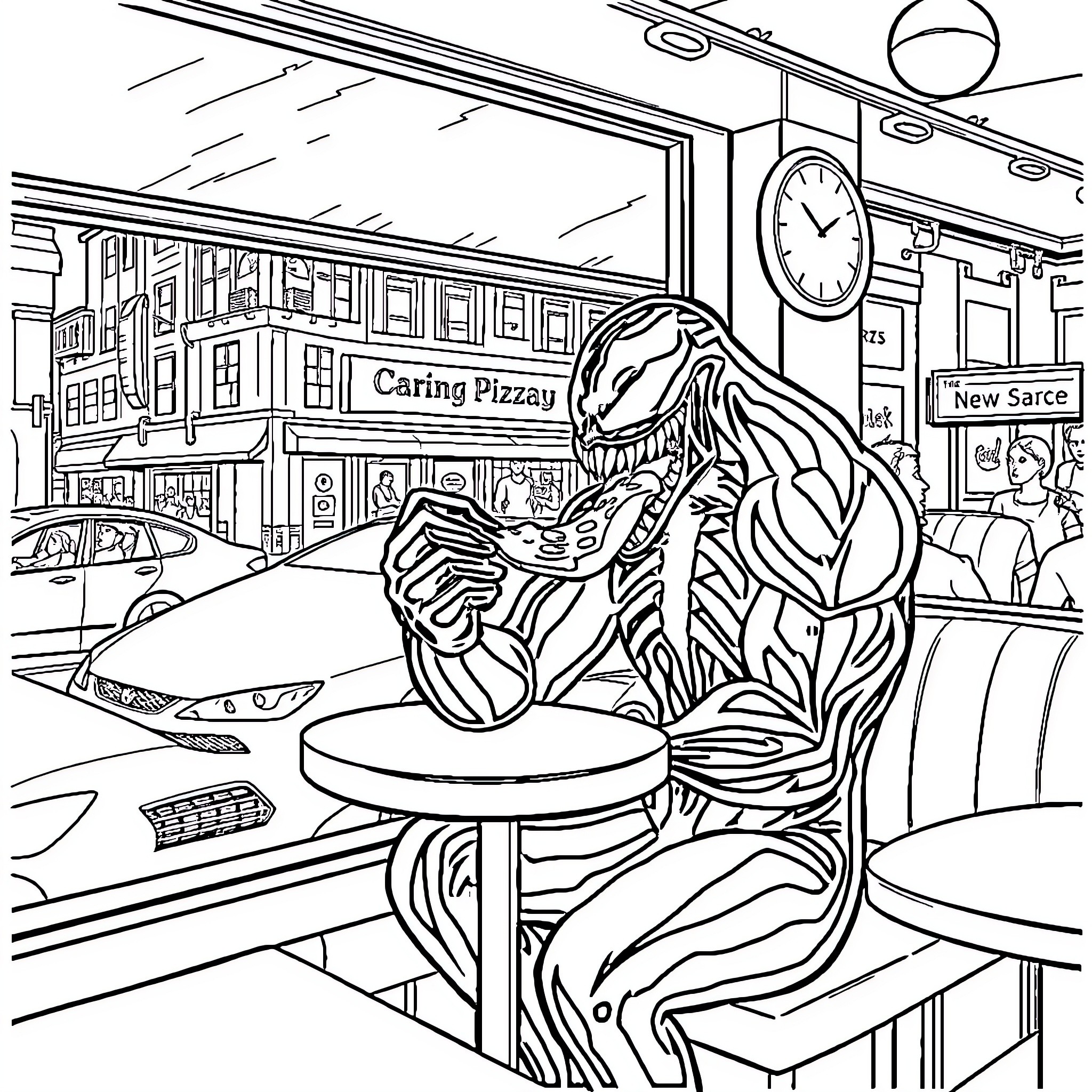 Venom Enjoying a Slice of Pizza in the City Coloring Page (free black-and-white line drawing printable PDF for all, from beginners to advanced learners, including children, teens, adults, and seniors)