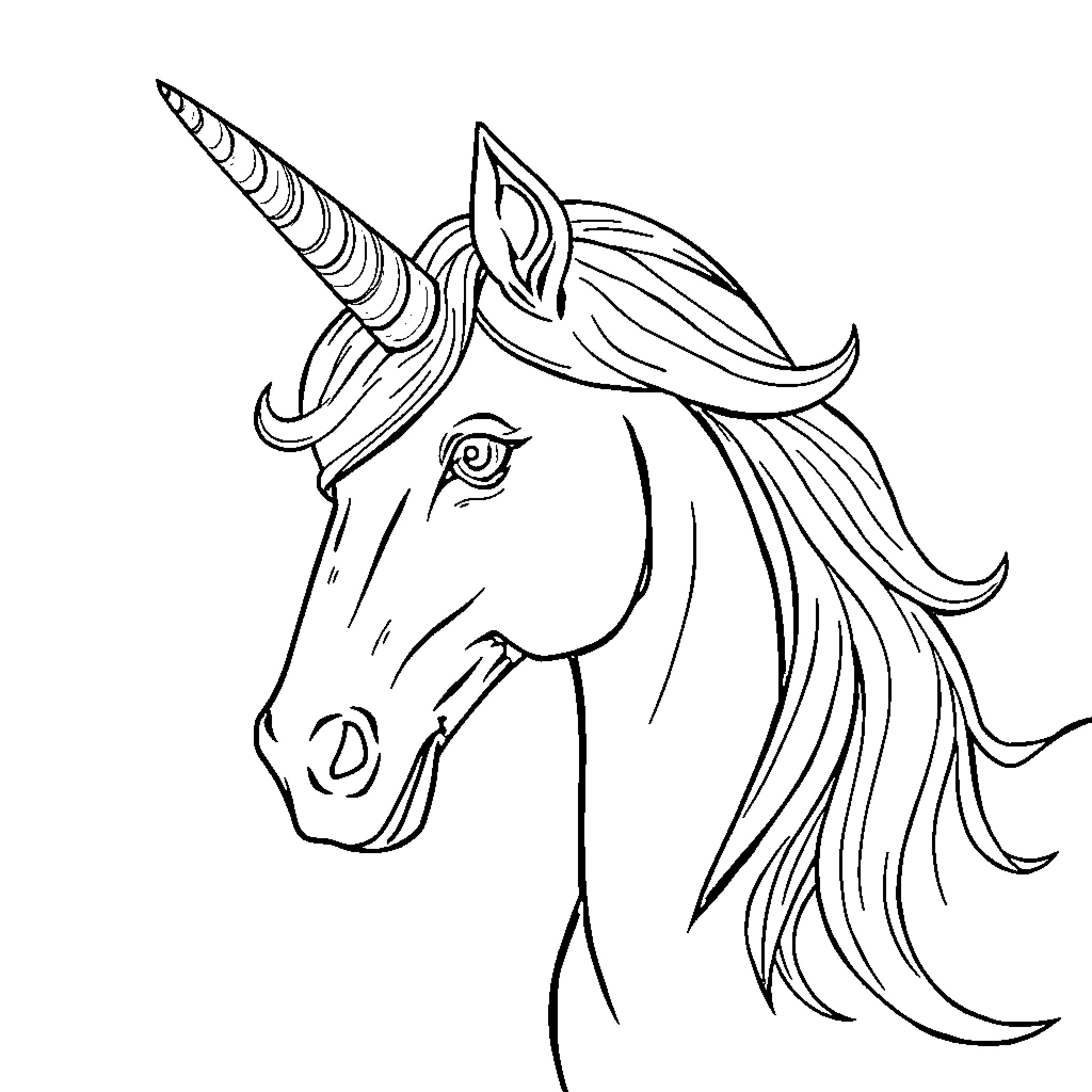 Unicorn with flowing mane in elegant line art Coloring Page (free black-and-white line drawing printable PDF for all, from beginners to advanced learners, including children, teens, adults, and seniors)