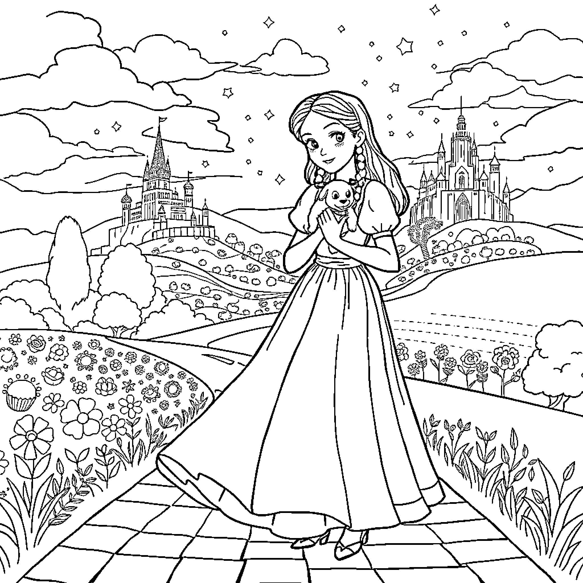 Wizard's Journey Through a Fantastical Landscape Coloring Page (free black-and-white line drawing printable PDF for all, from beginners to advanced learners, including children, teens, adults, and seniors)