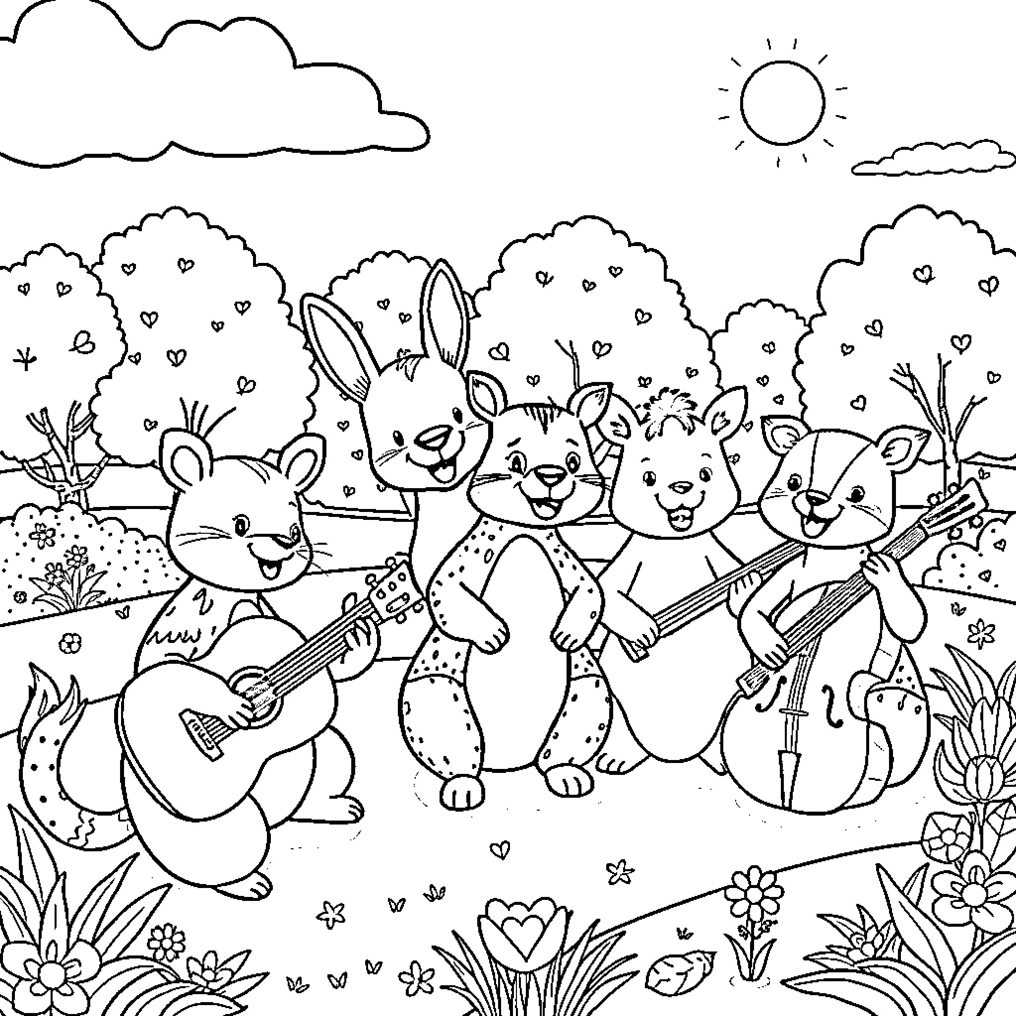 Animal friends playing music in nature Coloring Page (free black-and-white line drawing printable PDF for all, from beginners to advanced learners, including children, teens, adults, and seniors)