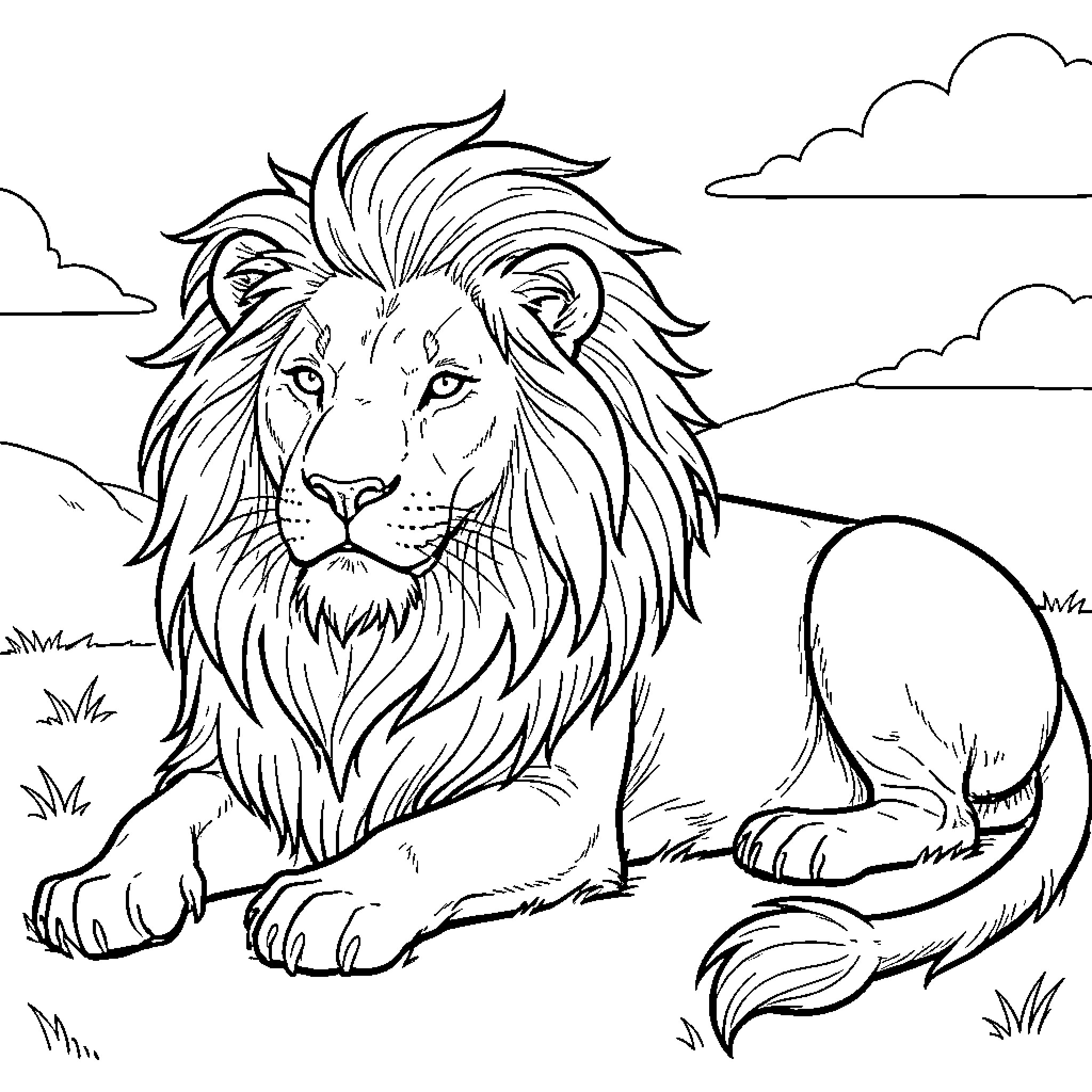 Lion resting in the wild landscape Coloring Page (free black-and-white line drawing printable PDF for all, from beginners to advanced learners, including children, teens, adults, and seniors)