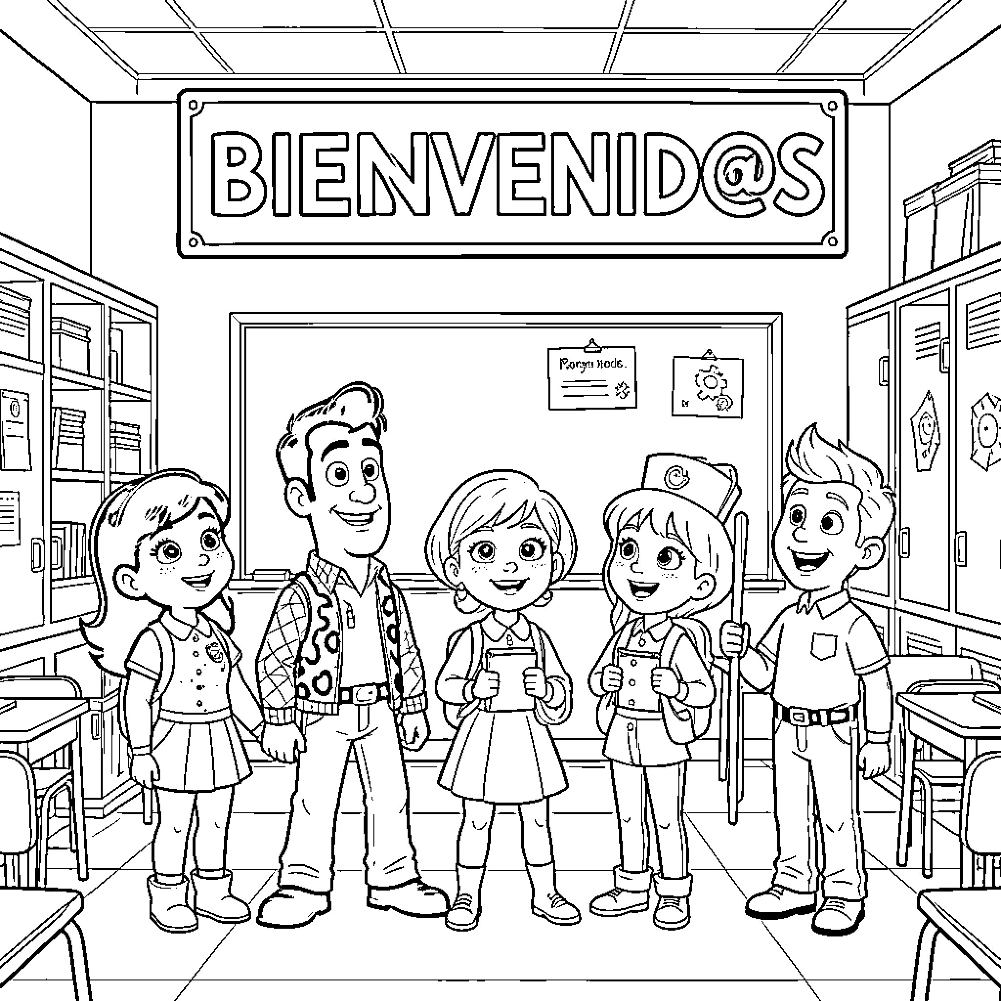 Toy Story characters smiling together in a classroom Coloring Page (free black-and-white line drawing printable PDF for all, from beginners to advanced learners, including children, teens, adults, and seniors)