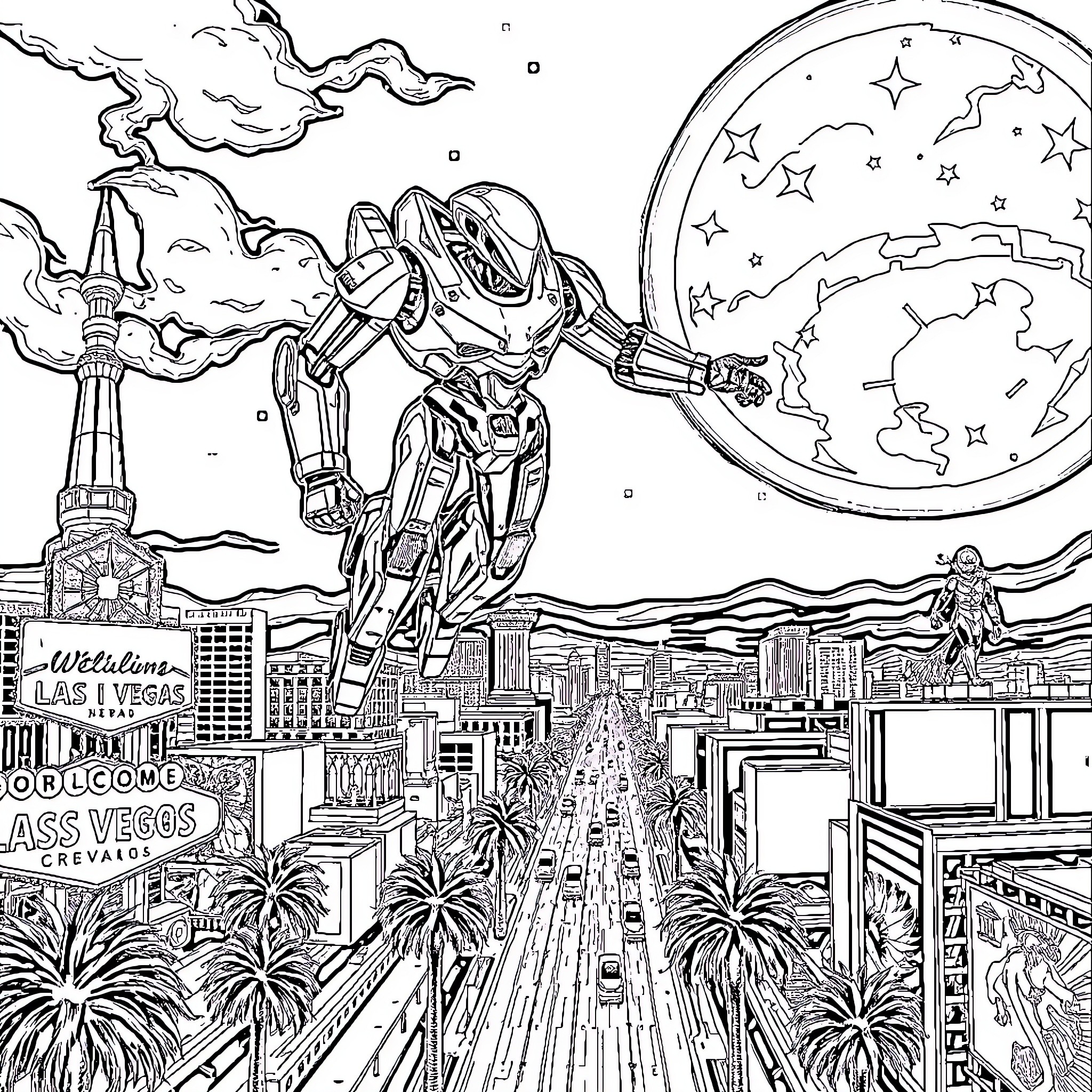 BX-02 Robot Exploring the Futuristic City Skyline Coloring Page (free black-and-white line drawing printable PDF for all, from beginners to advanced learners, including children, teens, adults, and seniors)