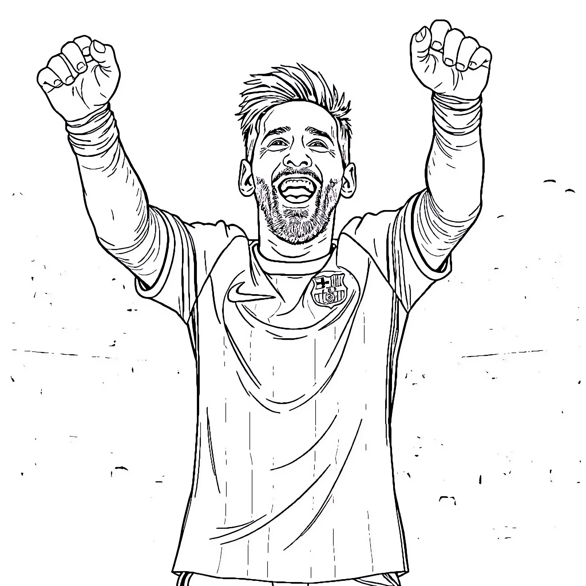 Messi celebrating with raised arms in victory Coloring Page (free black-and-white line drawing printable PDF for all, from beginners to advanced learners, including children, teens, adults, and seniors)