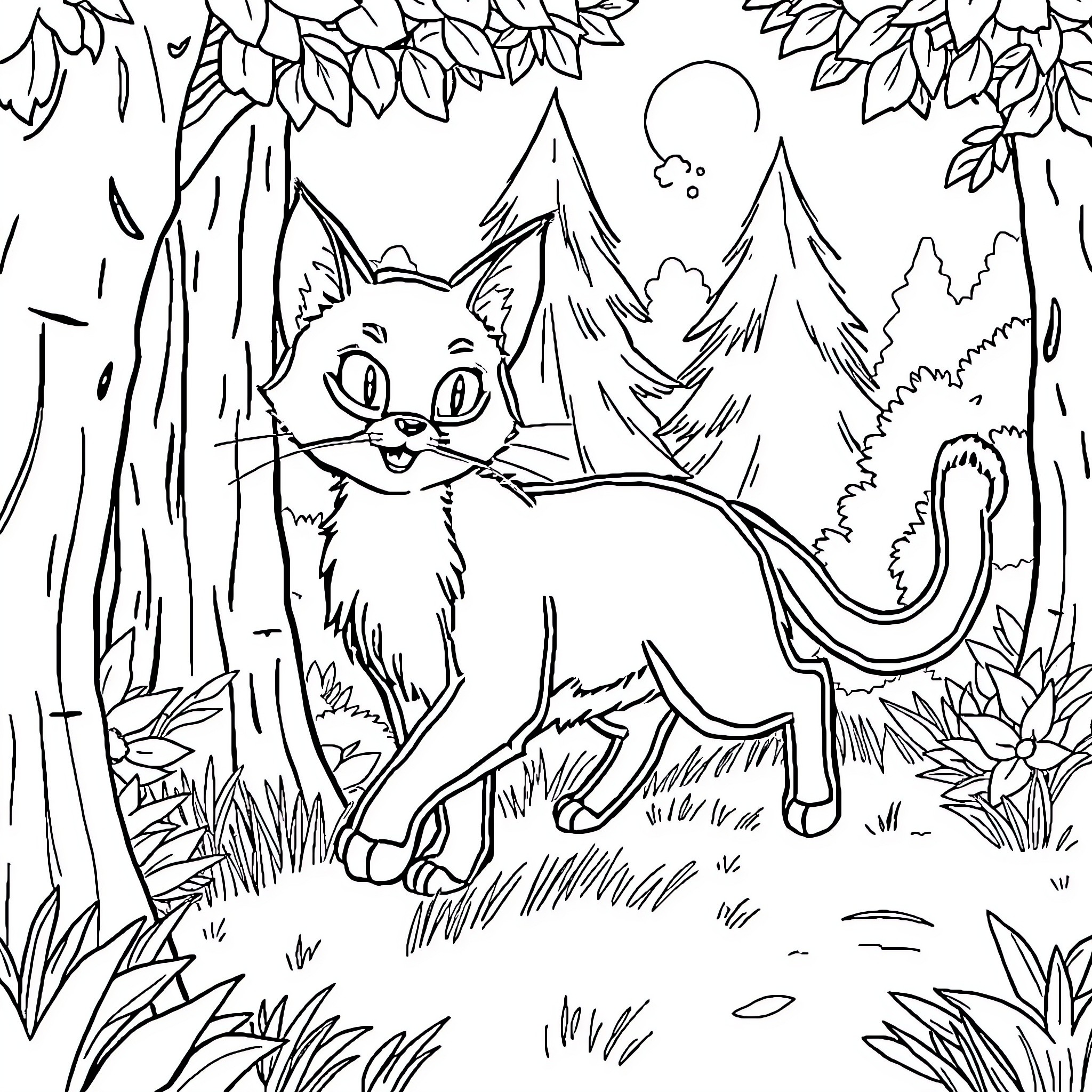 Zorro the Adventurous Cat in the Forest Coloring Page (free black-and-white line drawing printable PDF for all, from beginners to advanced learners, including children, teens, adults, and seniors)