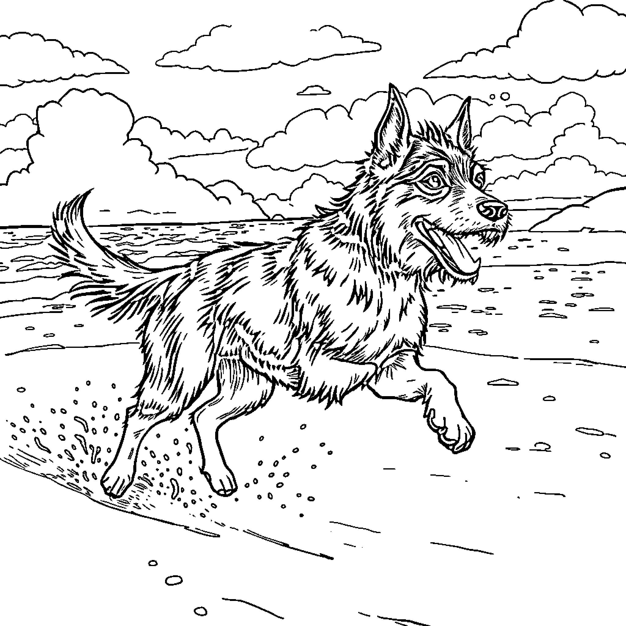 Perro Bodeguero Andaluz running playfully on the beach Coloring Page (free black-and-white line drawing printable PDF for all, from beginners to advanced learners, including children, teens, adults, and seniors)
