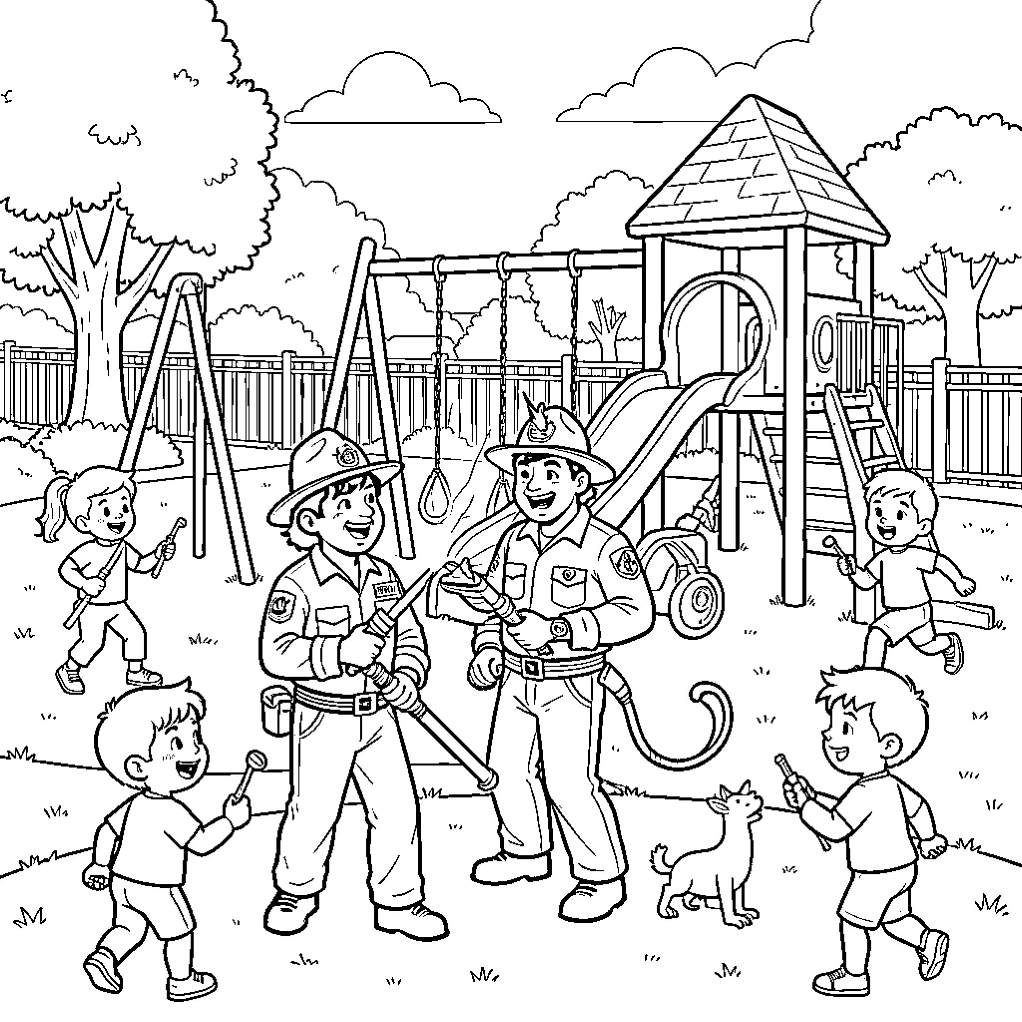 Ghostbuster characters interacting with children in a playground Coloring Page (free black-and-white line drawing printable PDF for all, from beginners to advanced learners, including children, teens, adults, and seniors)