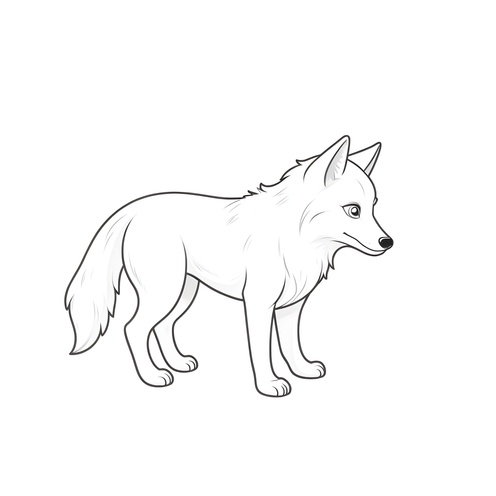 Wolf standing alert in the wild Coloring Page (free black-and-white line drawing printable PDF for all, from beginners to advanced learners, including children, teens, adults, and seniors)