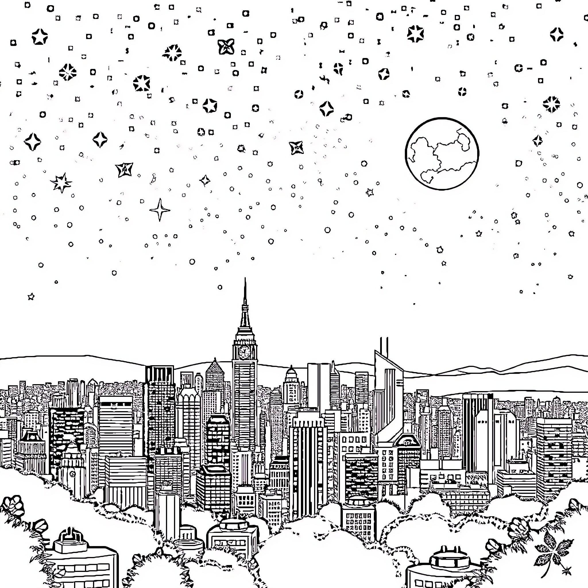 City Skyline with Architectural Landmarks and Celestial Elements Coloring Page (free black-and-white line drawing printable PDF for all, from beginners to advanced learners, including children, teens, adults, and seniors)