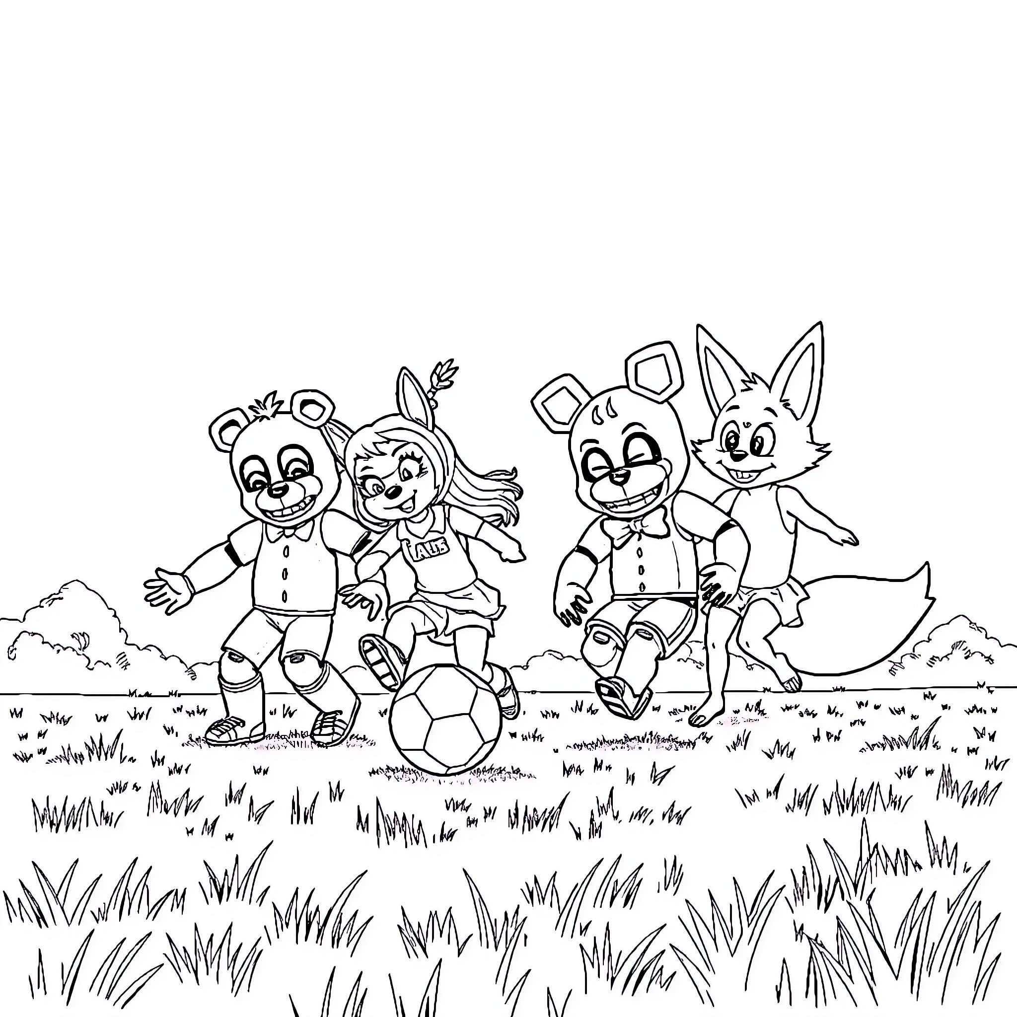 Five Nights At Freddy's friends playing soccer in the park Coloring Page (free black-and-white line drawing printable PDF for all, from beginners to advanced learners, including children, teens, adults, and seniors)