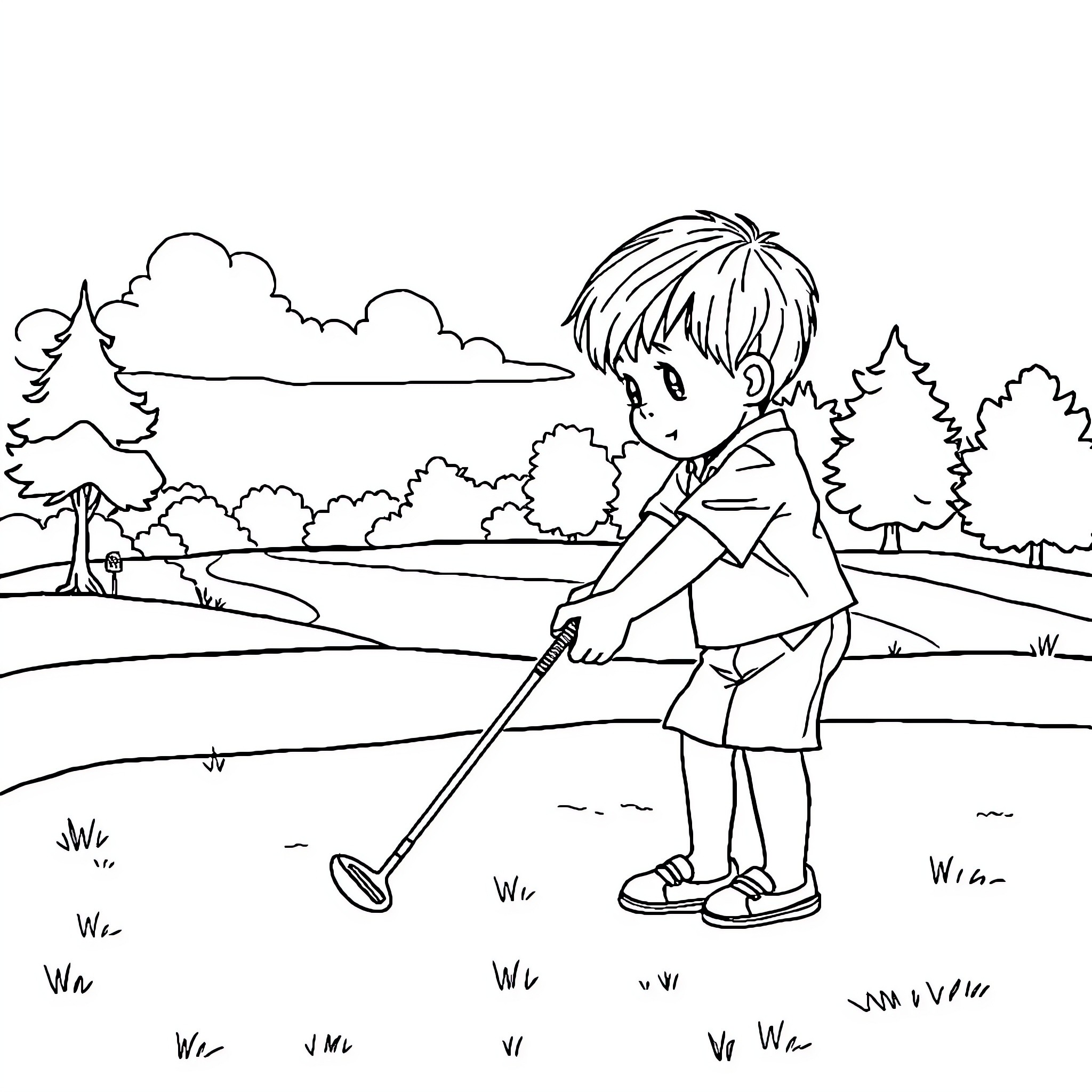 Child playing in outdoor park Coloring Page (free black-and-white line drawing printable PDF for all, from beginners to advanced learners, including children, teens, adults, and seniors)