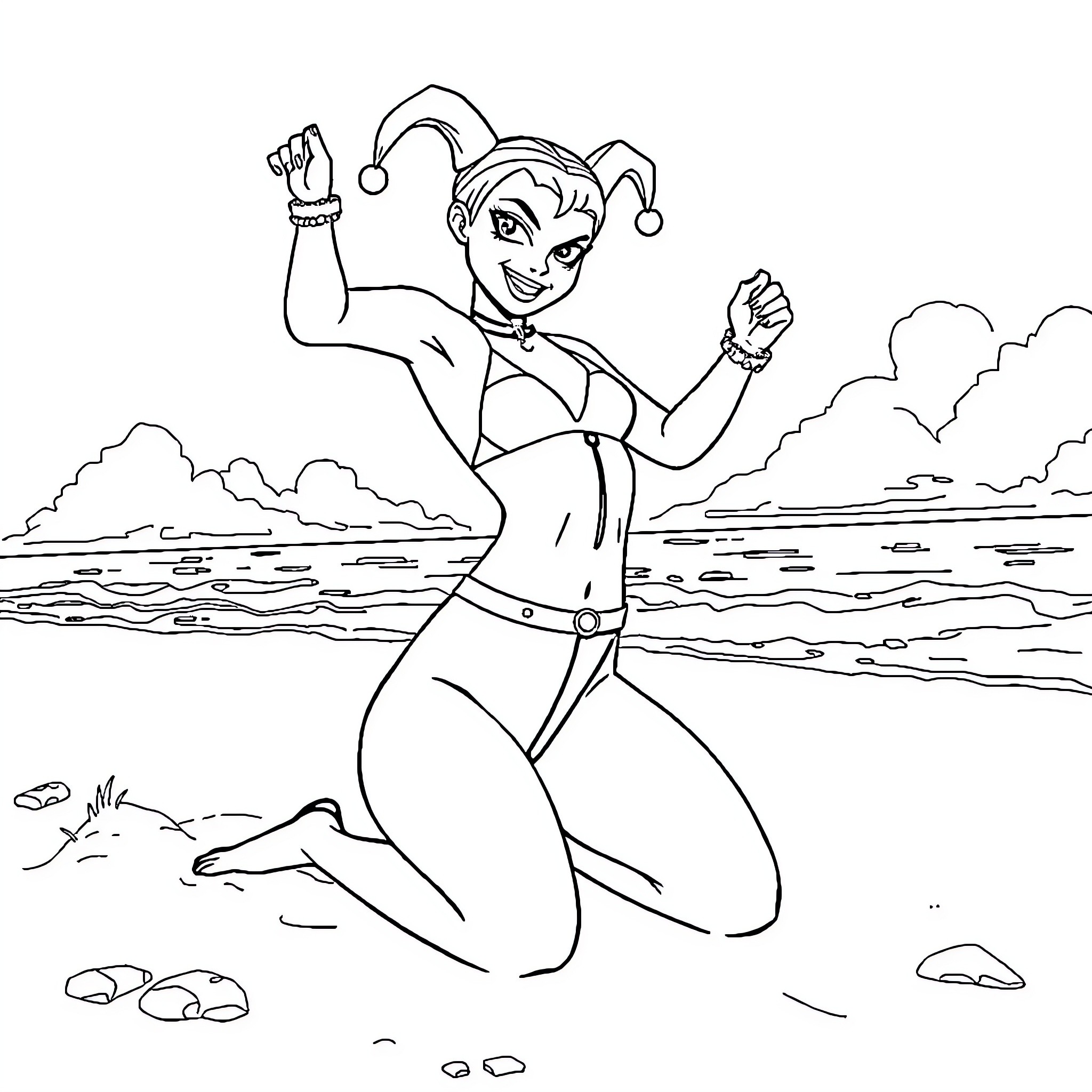 Harley Quinn playfully posing on the beach Coloring Page (free black-and-white line drawing printable PDF for all, from beginners to advanced learners, including children, teens, adults, and seniors)