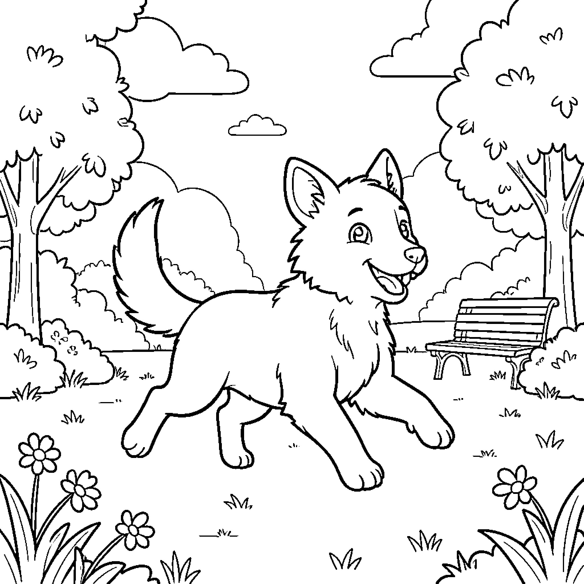 Animal frolicking happily in a park-like setting Coloring Page (free black-and-white line drawing printable PDF for all, from beginners to advanced learners, including children, teens, adults, and seniors)