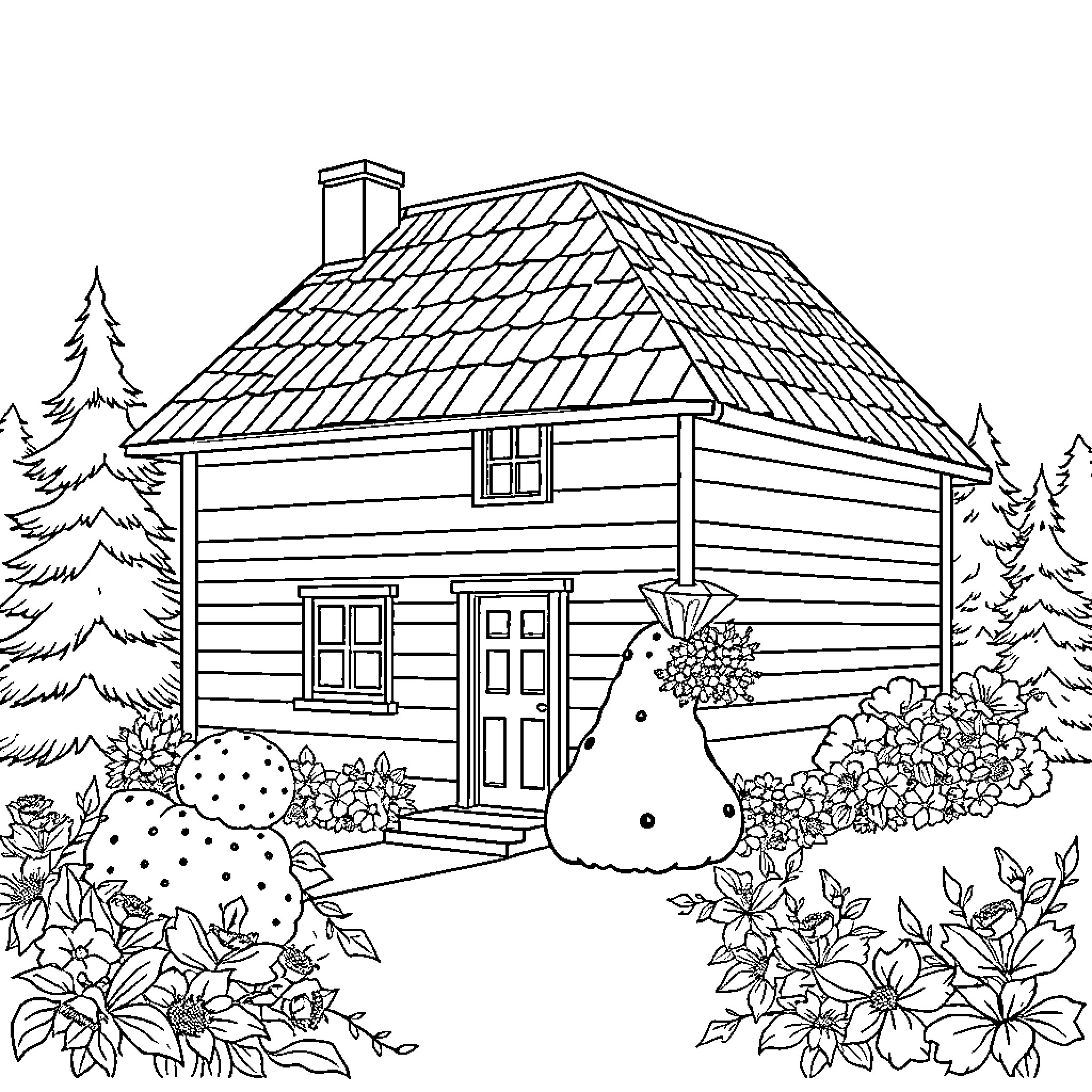 Swedish House with Peaceful Outdoor Scenery Coloring Page (free black-and-white line drawing printable PDF for all, from beginners to advanced learners, including children, teens, adults, and seniors)