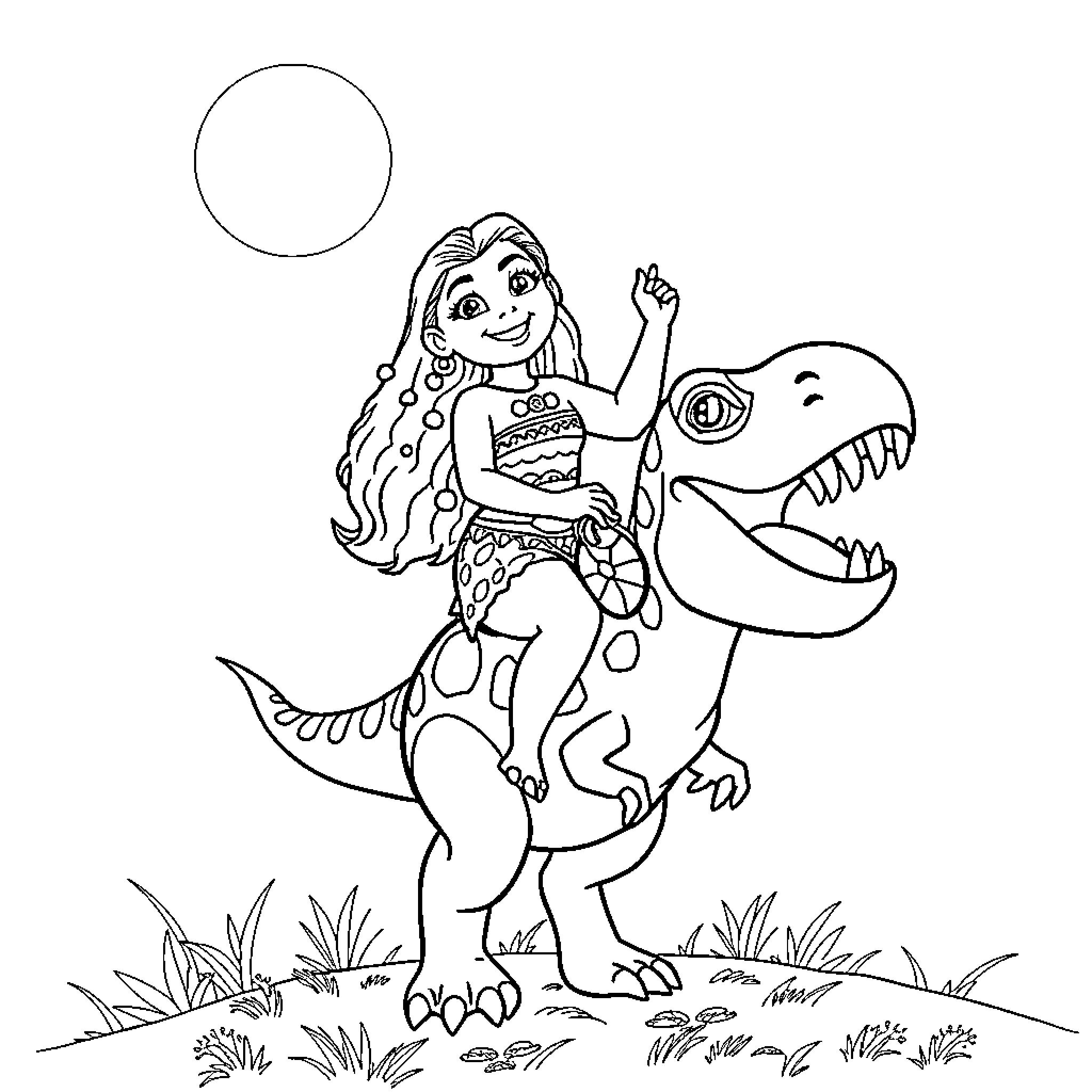 Moana riding a friendly dinosaur Coloring Page (free black-and-white line drawing printable PDF for all, from beginners to advanced learners, including children, teens, adults, and seniors)
