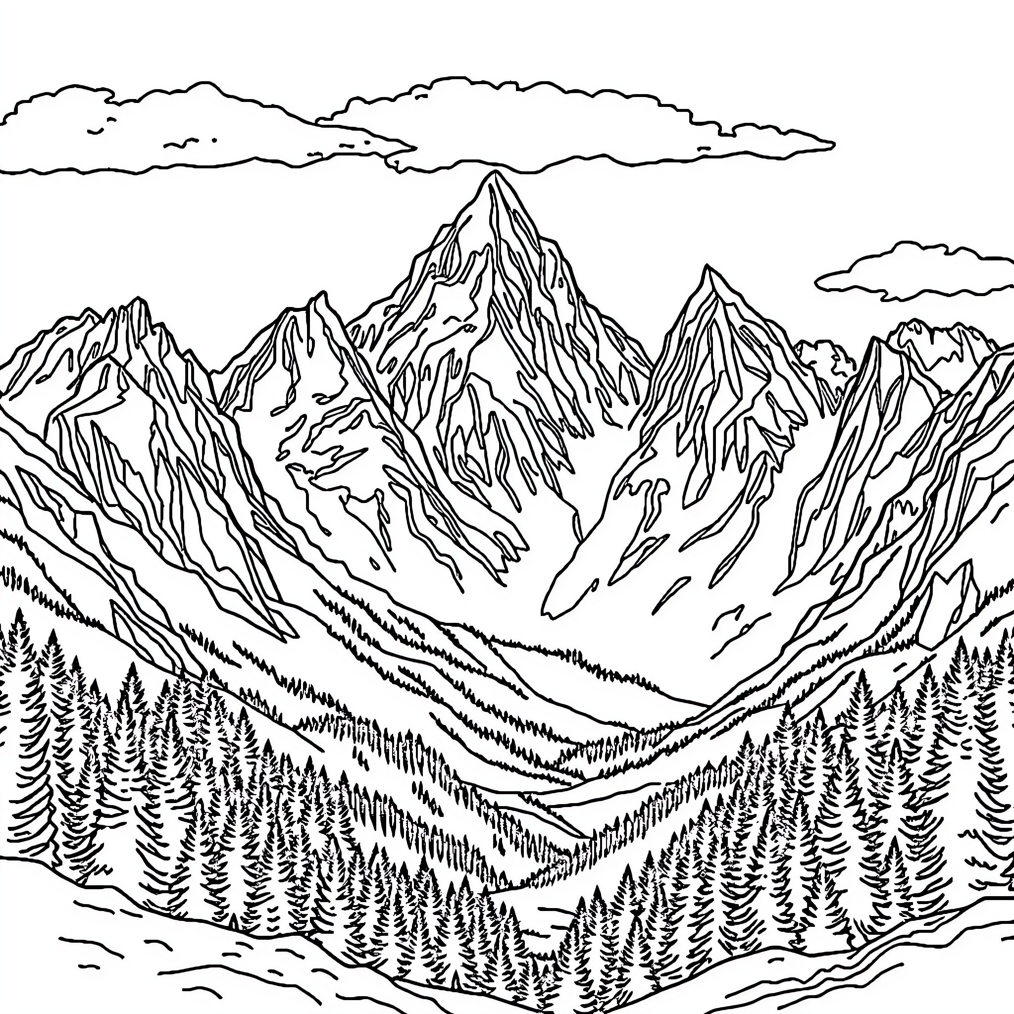 Mountain landscape with towering peaks and pine forest Coloring Page (free black-and-white line drawing printable PDF for all, from beginners to advanced learners, including children, teens, adults, and seniors)