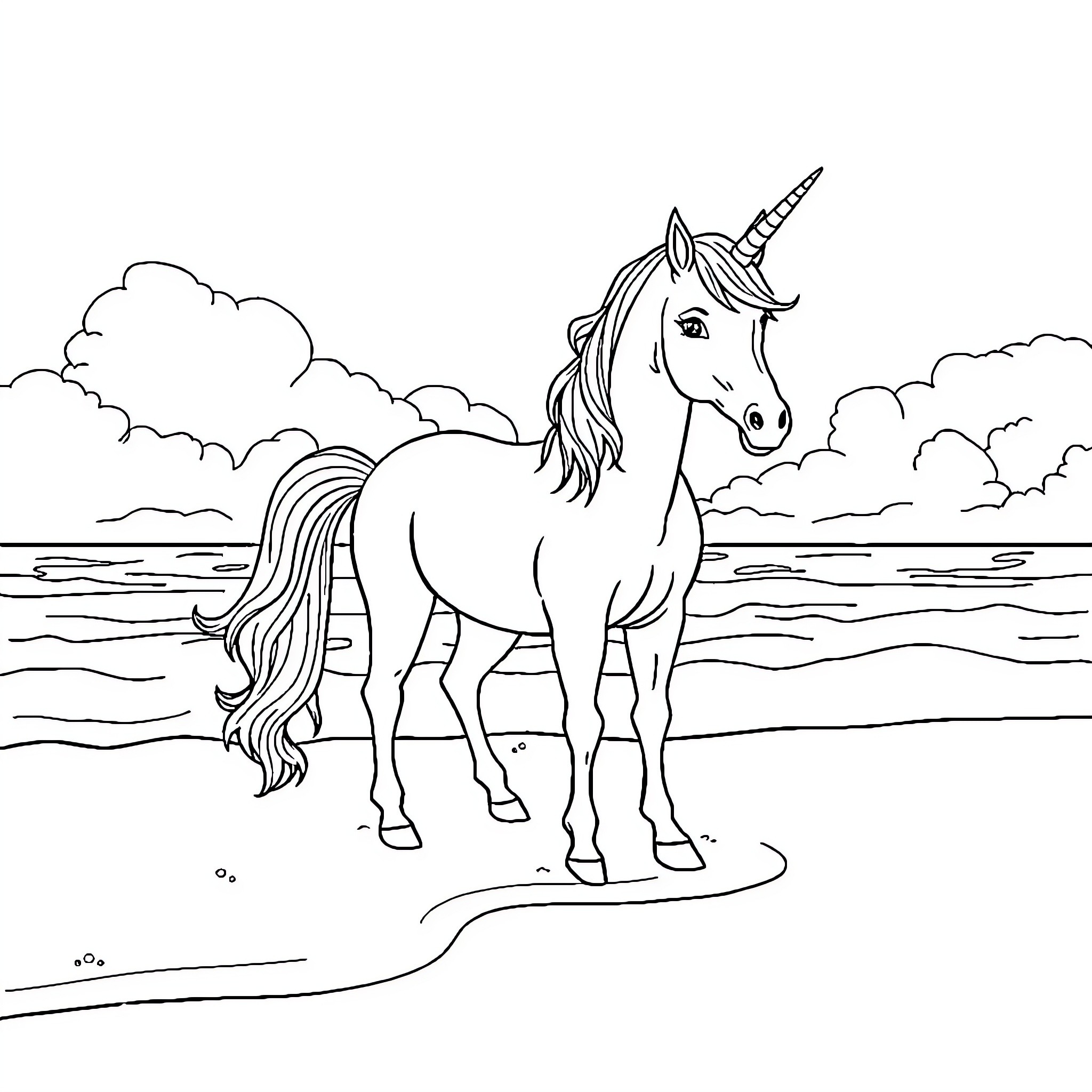 Unicorn standing majestic in a scenic landscape Coloring Page (free black-and-white line drawing printable PDF for all, from beginners to advanced learners, including children, teens, adults, and seniors)
