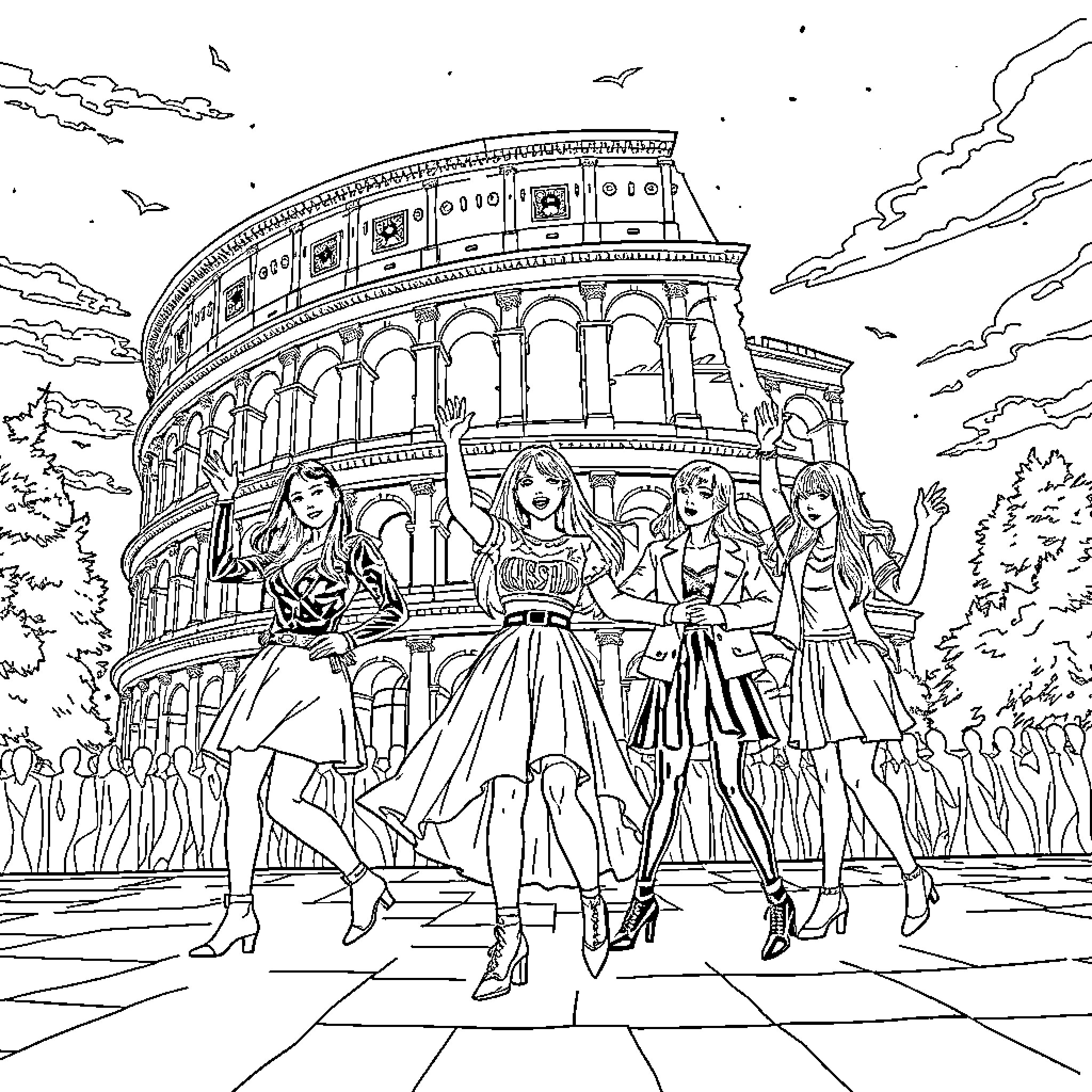 K Pop Girl Group Performing in Front of the Colosseum Coloring Page (free black-and-white line drawing printable PDF for all, from beginners to advanced learners, including children, teens, adults, and seniors)