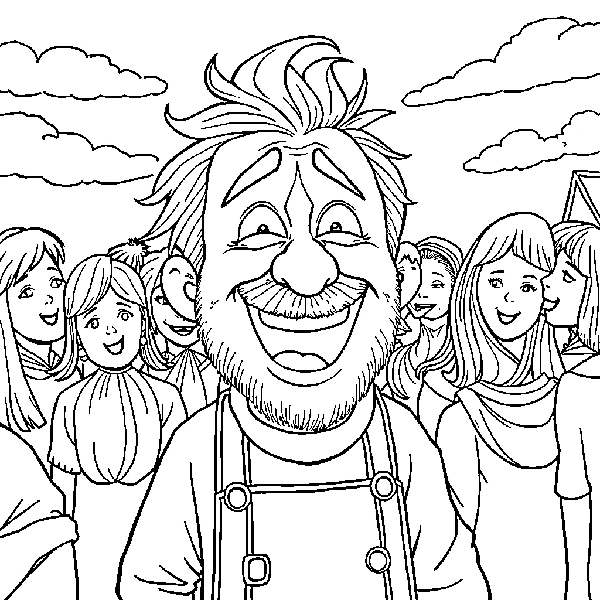 Swede and his friendly group enjoy the outdoors Coloring Page (free black-and-white line drawing printable PDF for all, from beginners to advanced learners, including children, teens, adults, and seniors)