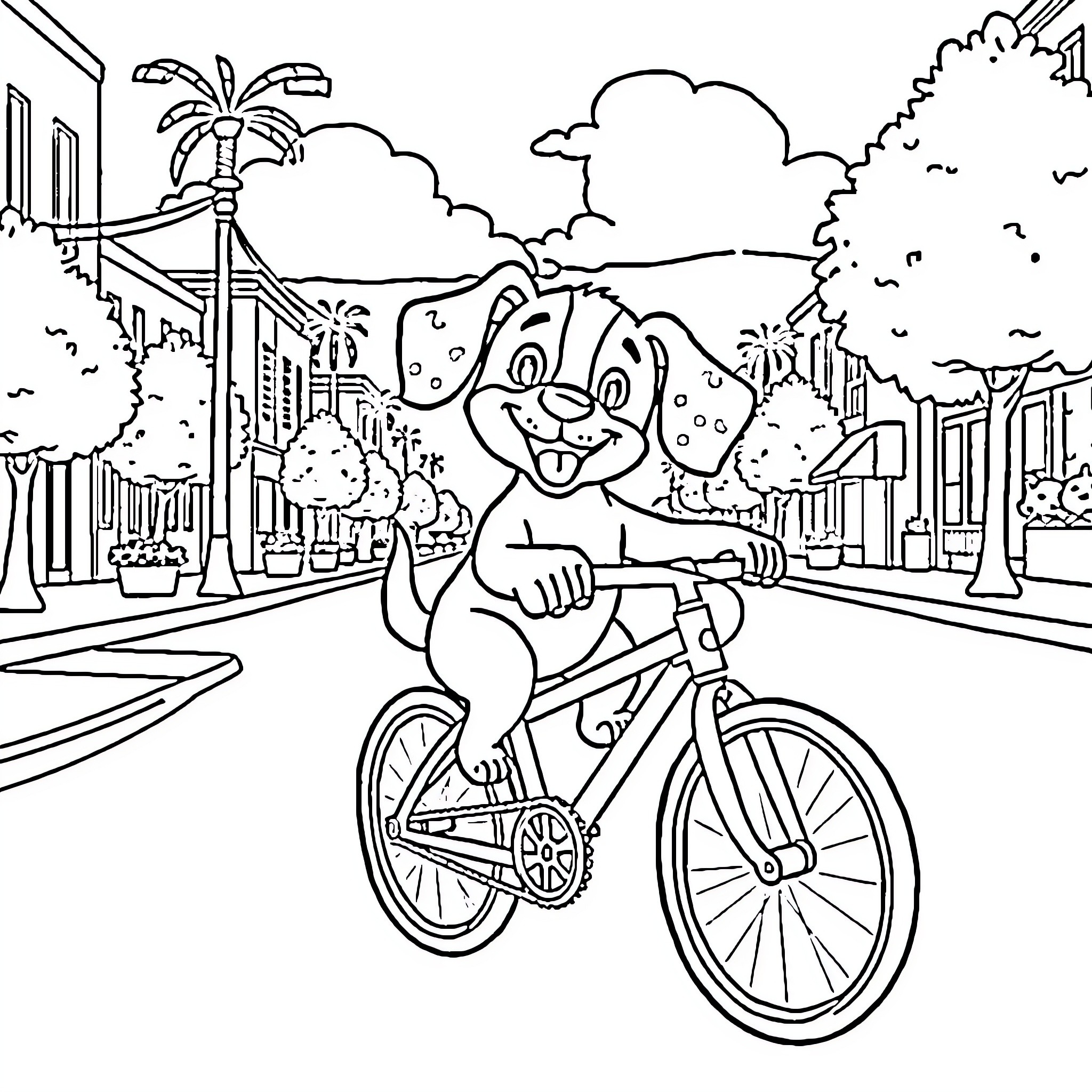 Dog riding bicycle happily through town Coloring Page (free black-and-white line drawing printable PDF for all, from beginners to advanced learners, including children, teens, adults, and seniors)