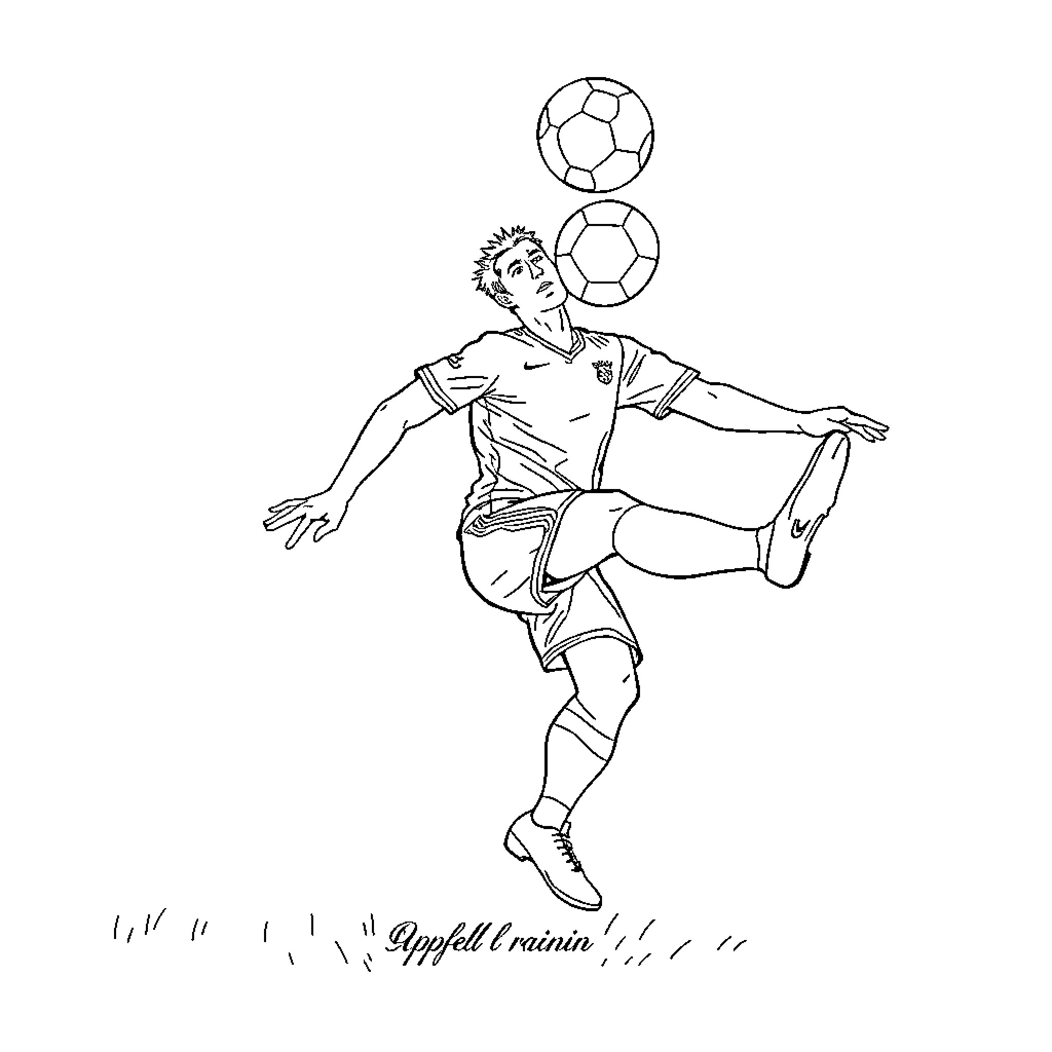 Footballeur performing a skillful move with the ball Coloring Page (free black-and-white line drawing printable PDF for all, from beginners to advanced learners, including children, teens, adults, and seniors)