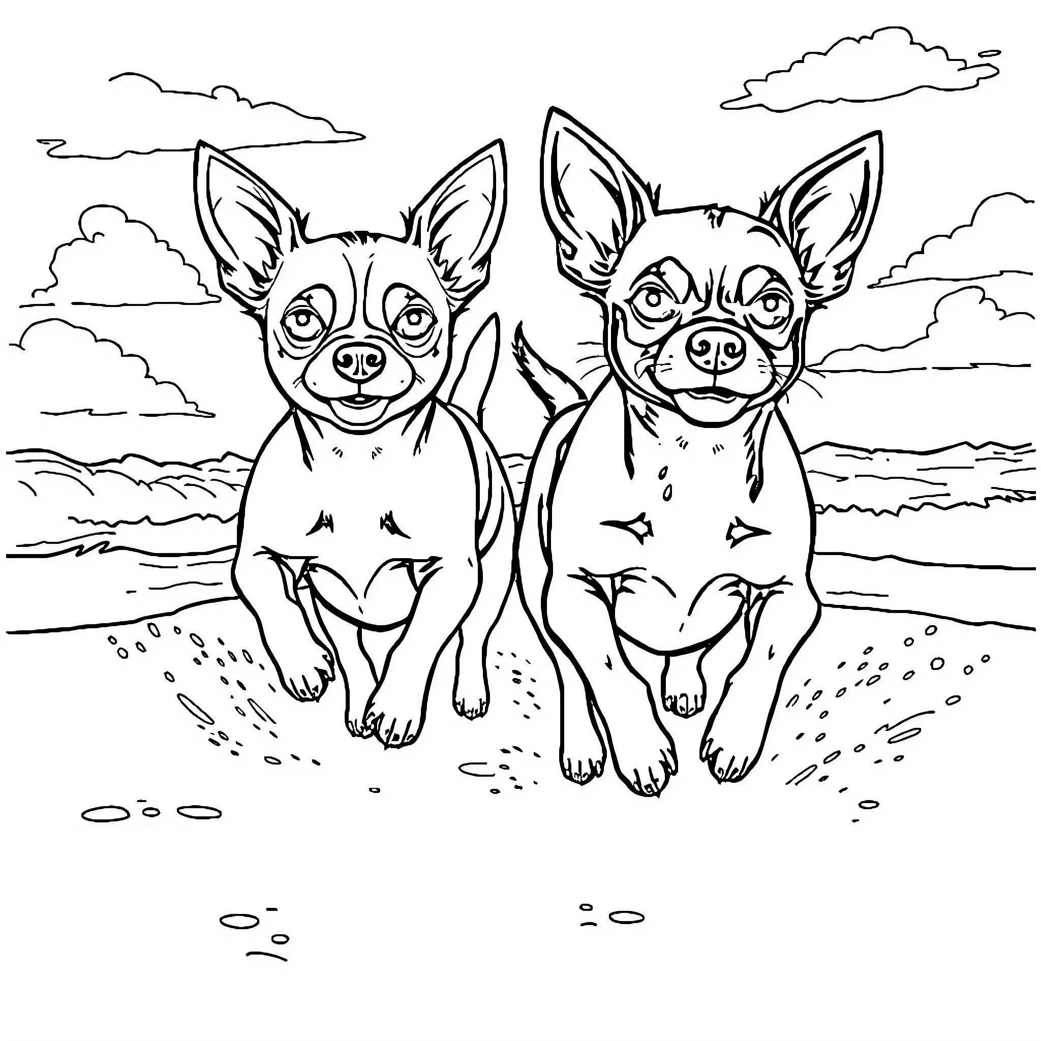 Chihuahuas enjoying playtime on the beach Coloring Page (free black-and-white line drawing printable PDF for all, from beginners to advanced learners, including children, teens, adults, and seniors)