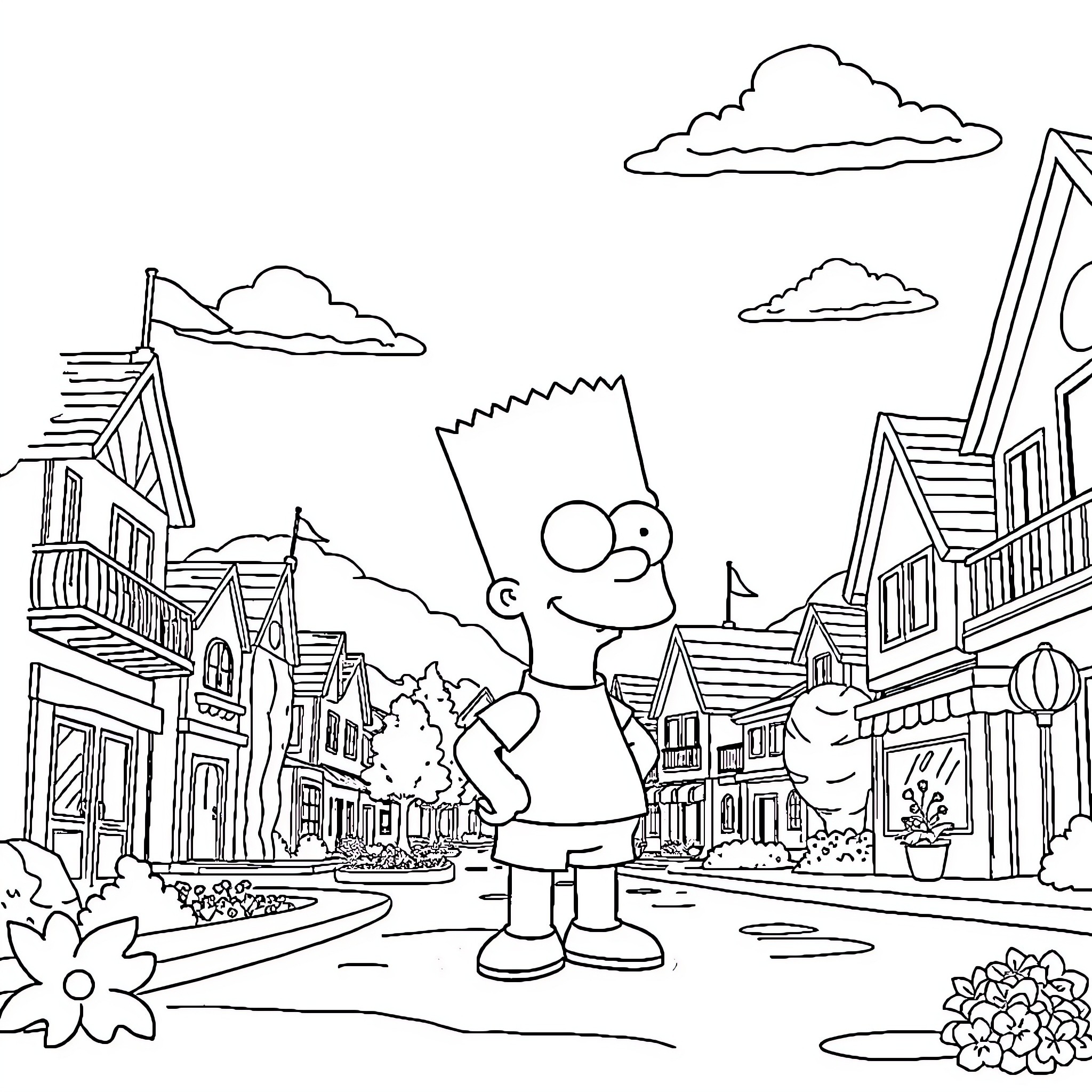 Bart exploring the town with excitement Coloring Page (free black-and-white line drawing printable PDF for all, from beginners to advanced learners, including children, teens, adults, and seniors)