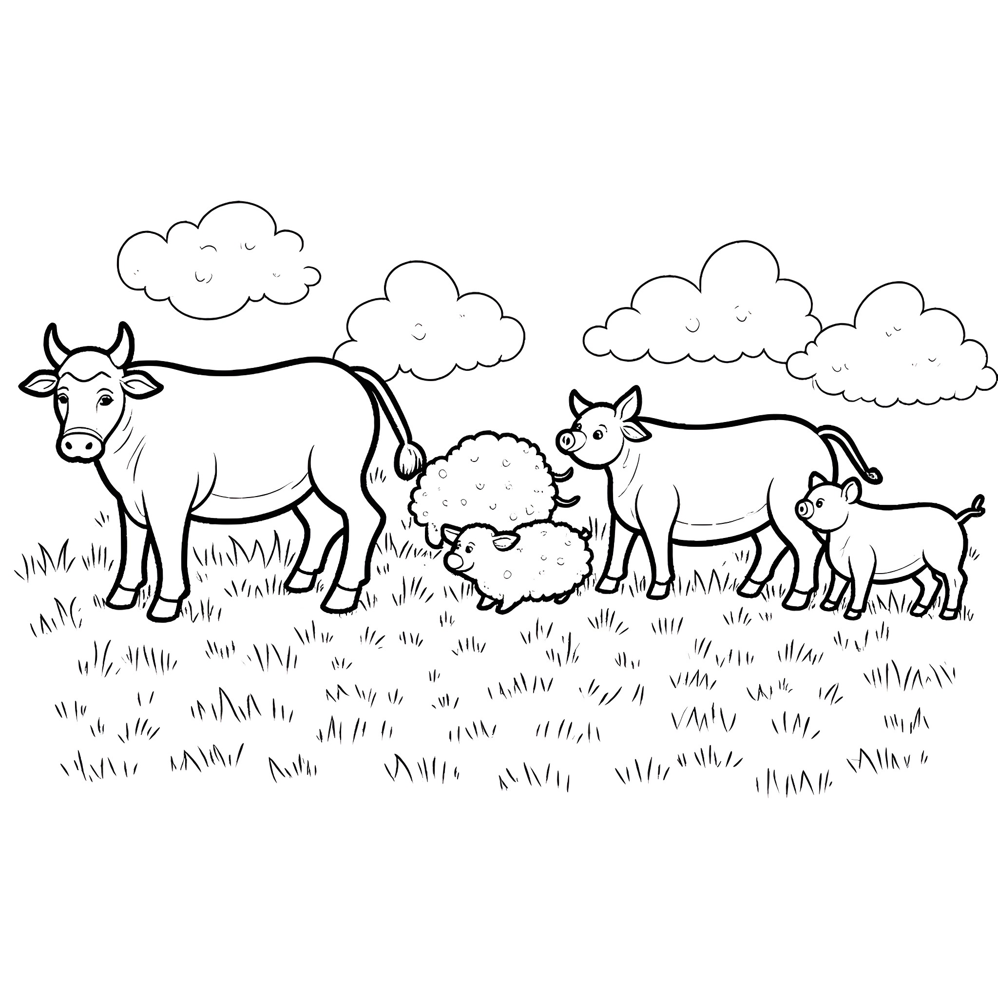Farm Animals Grazing Peacefully in Grassy Field Coloring Page (free black-and-white line drawing printable PDF for all, from beginners to advanced learners, including children, teens, adults, and seniors)