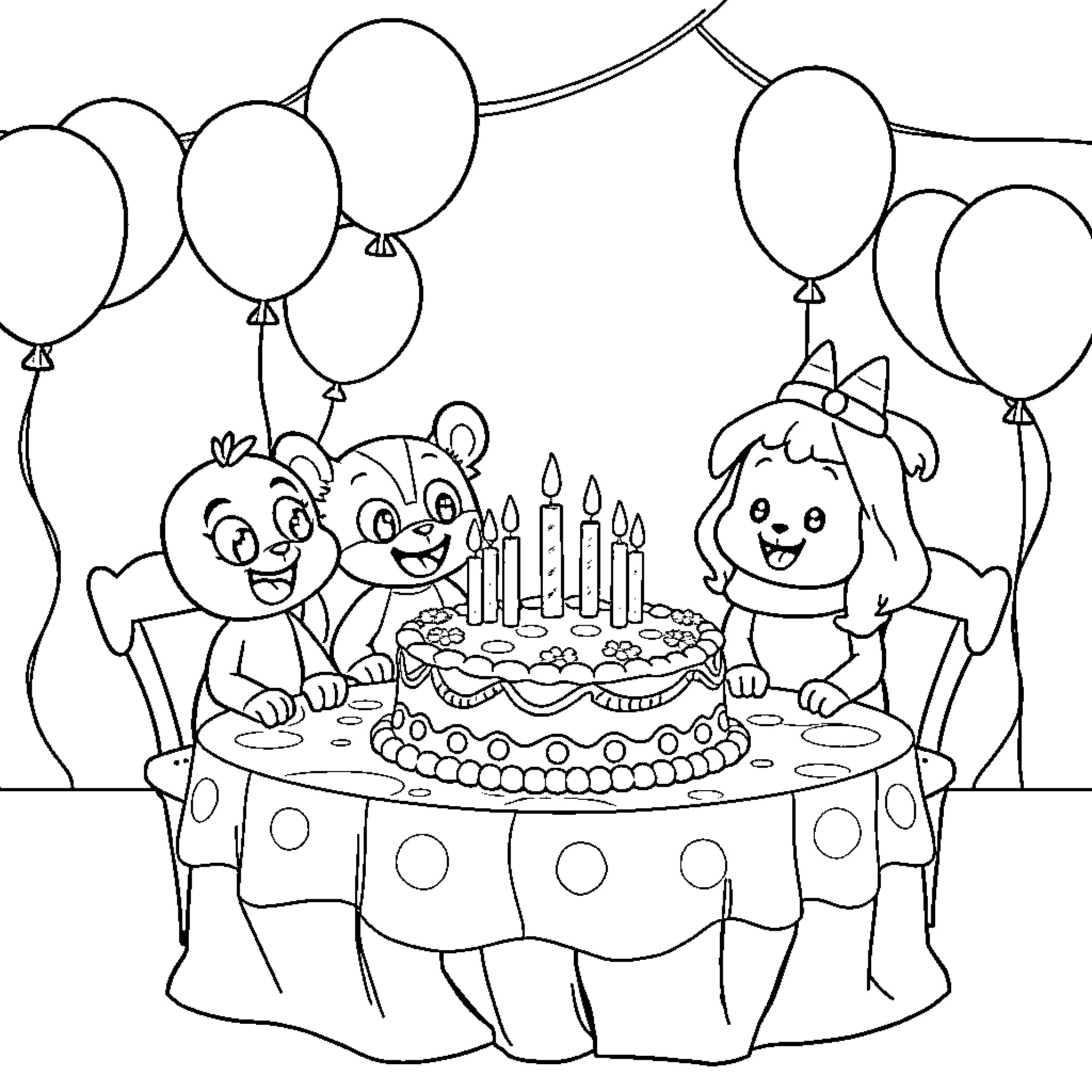 Bingo Celebration of Birthday Bash Coloring Page (free black-and-white line drawing printable PDF for all, from beginners to advanced learners, including children, teens, adults, and seniors)