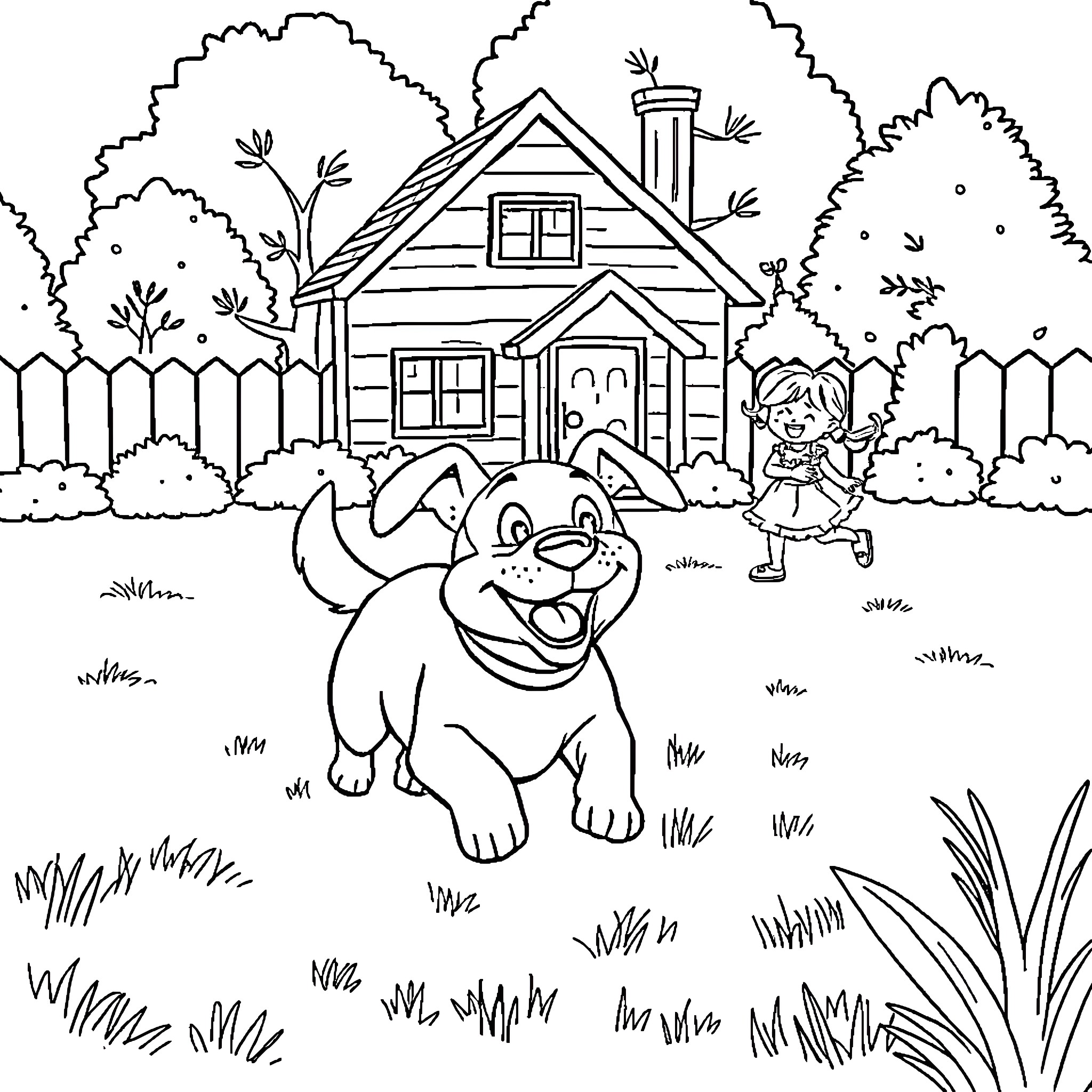 Dog playing happily with girl near house Coloring Page (free black-and-white line drawing printable PDF for all, from beginners to advanced learners, including children, teens, adults, and seniors)