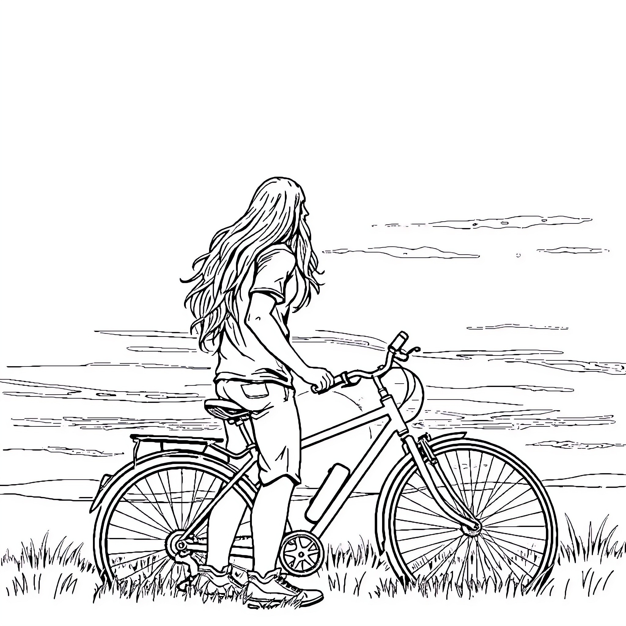 Man riding bicycle on rural road Coloring Page (free black-and-white line drawing printable PDF for all, from beginners to advanced learners, including children, teens, adults, and seniors)