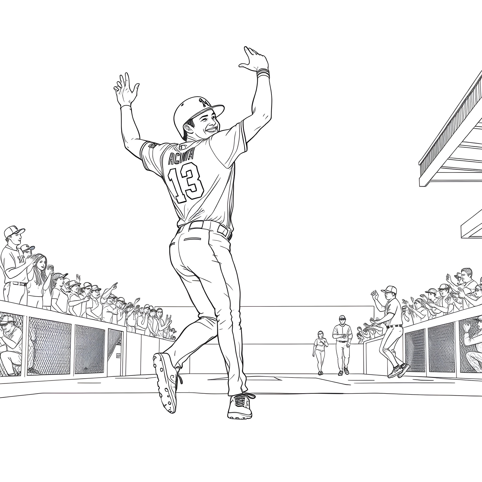 Ronald Acuña celebrating a home run on the baseball field Coloring Page (free black-and-white line drawing printable PDF for all, from beginners to advanced learners, including children, teens, adults, and seniors)