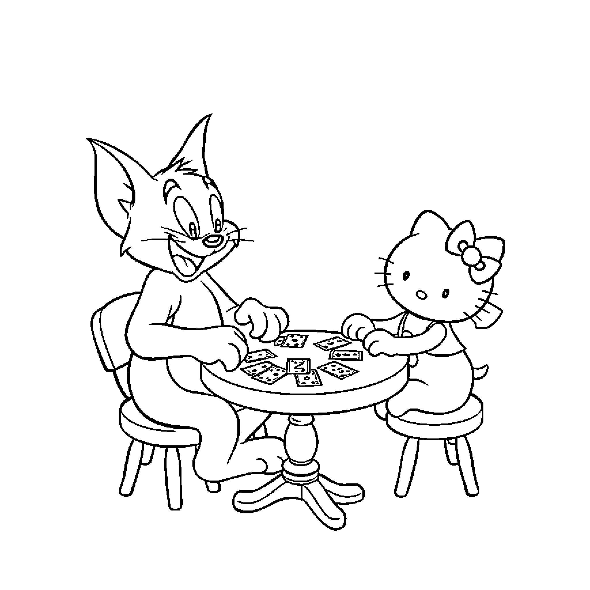 Tom and Jerry playing cards with Hello Kitty Coloring Page (free black-and-white line drawing printable PDF for all, from beginners to advanced learners, including children, teens, adults, and seniors)