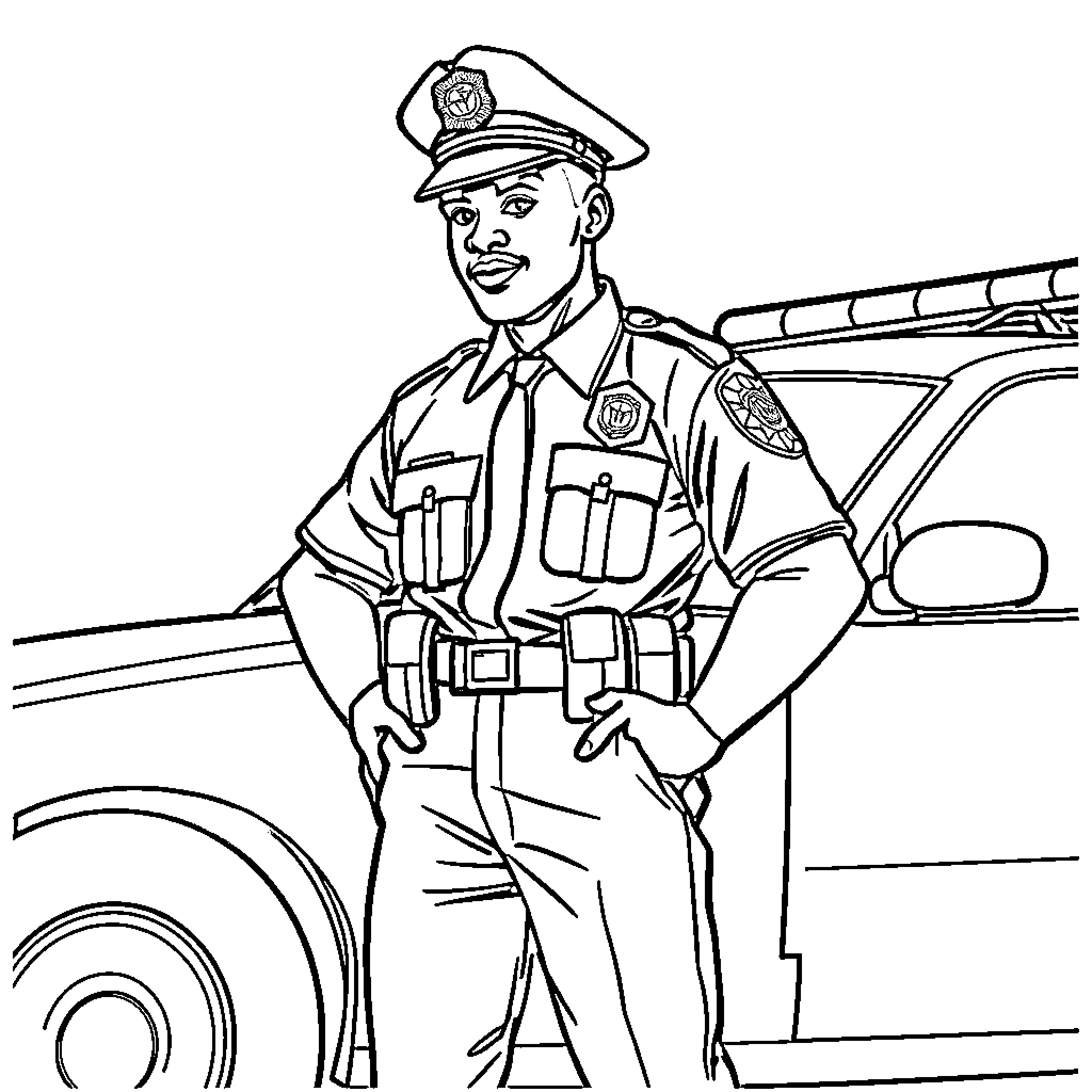 Police Officer Directing Traffic at the Scene Coloring Page (free black-and-white line drawing printable PDF for all, from beginners to advanced learners, including children, teens, adults, and seniors)